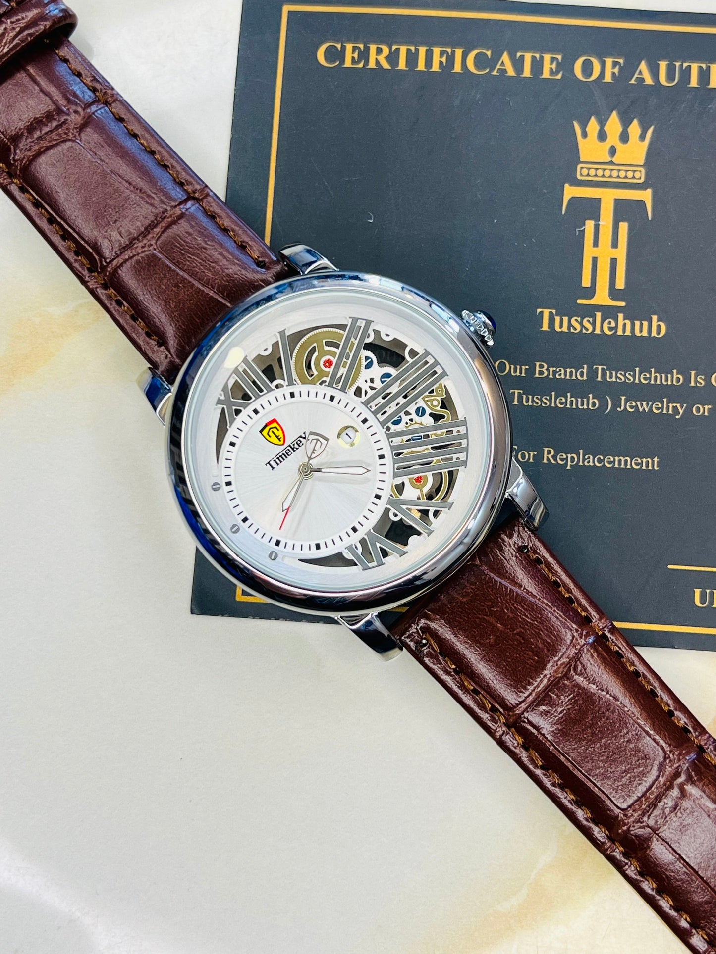Time Key Partial Silver White Skeleton Dial Watch