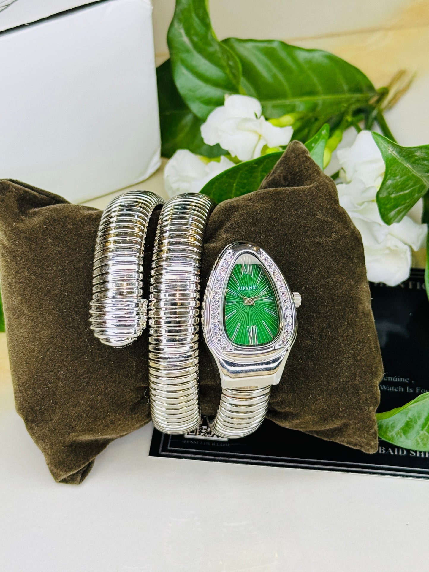 Silver Emerald Serpentine Watch For Her