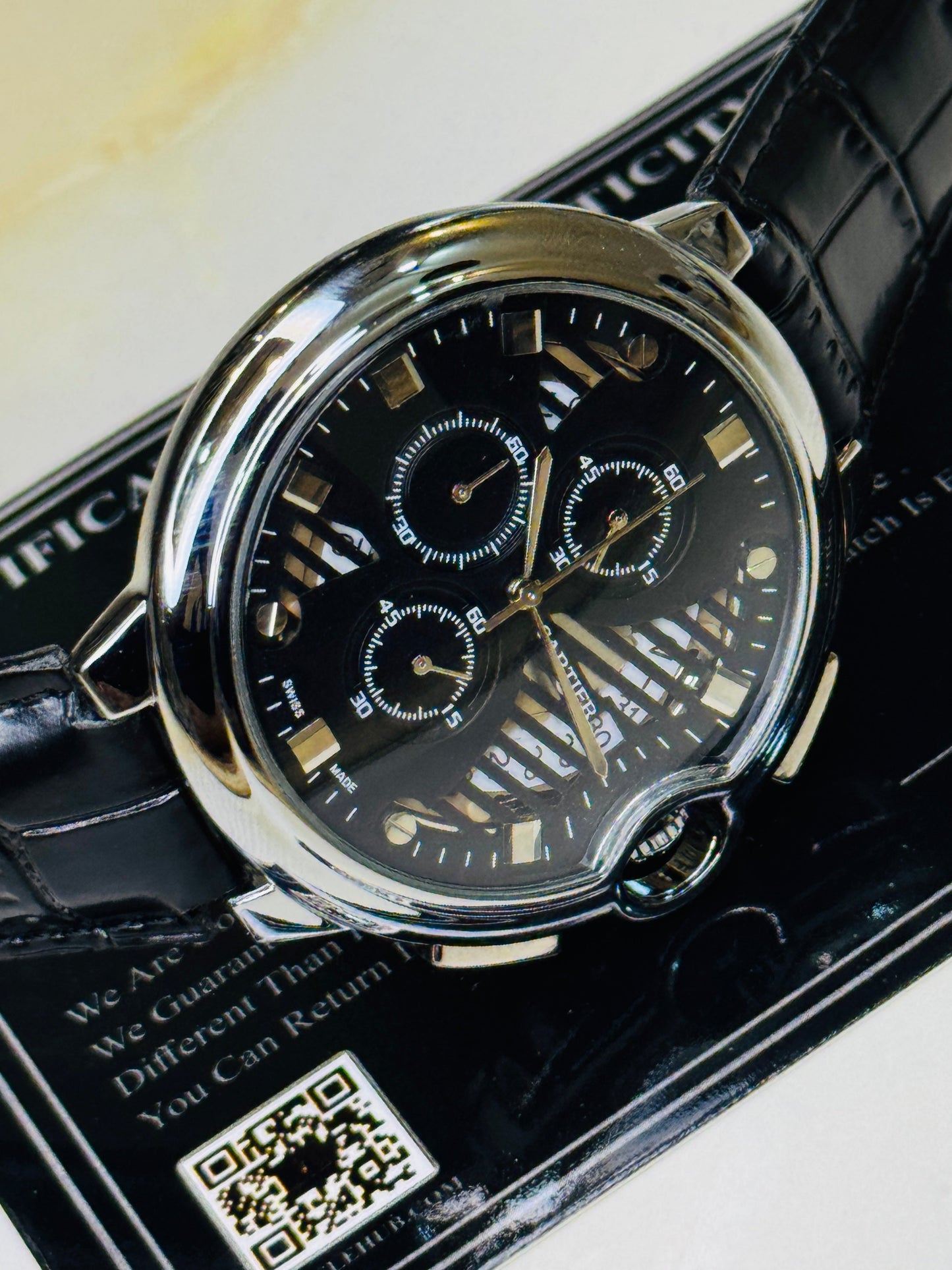 C-2 All Black Leather Cart*er Chronograph Dial Watch