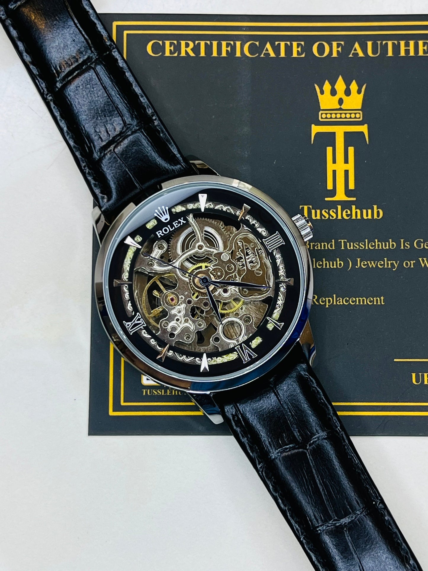 Leather Rol*x Black Silver Automatic Skeleton Watch