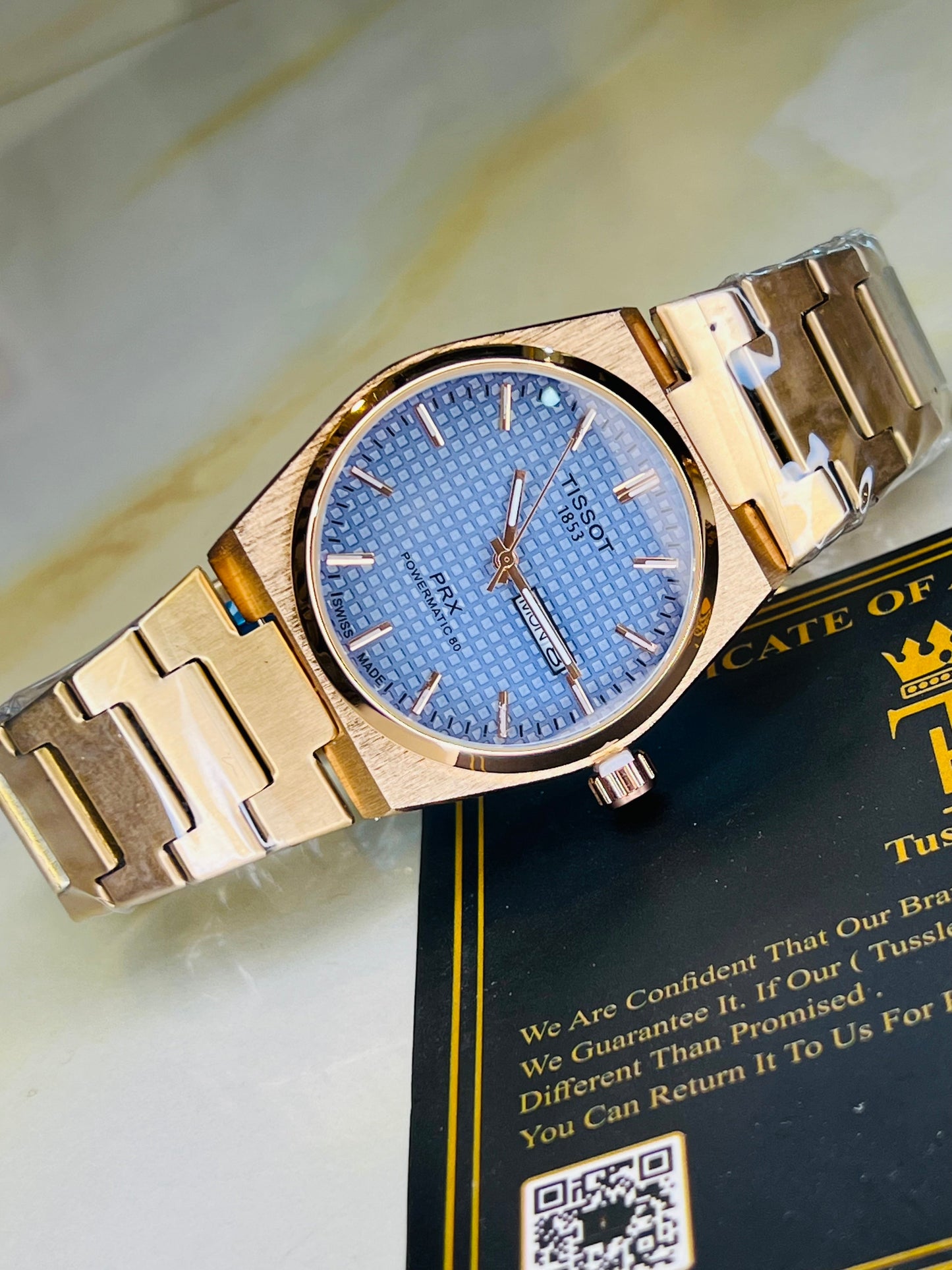 Tissot PRX Rose Gold With Blue Textured Dial Watch