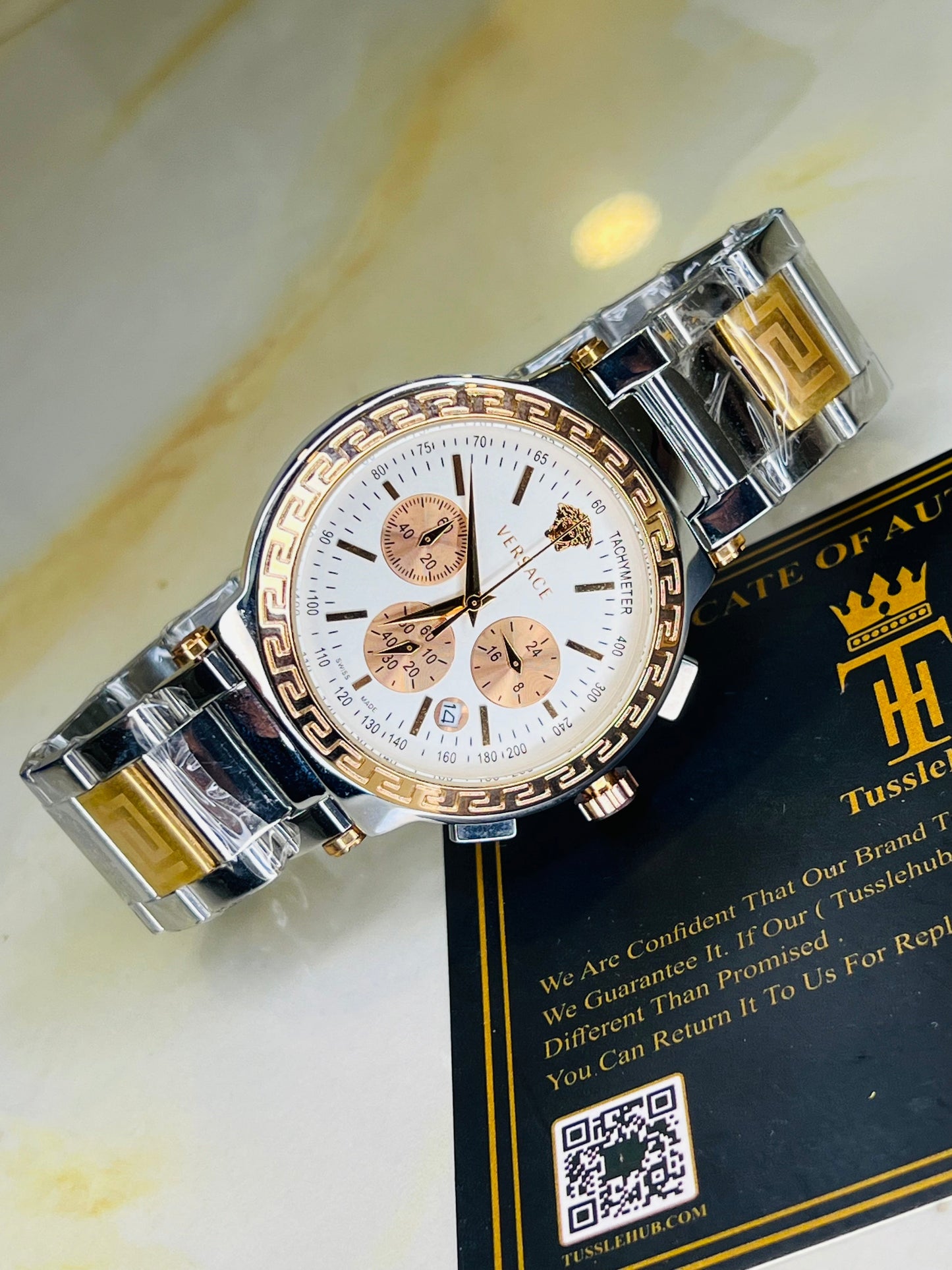 Silver Copper Versace White Chronograph Dial Watch