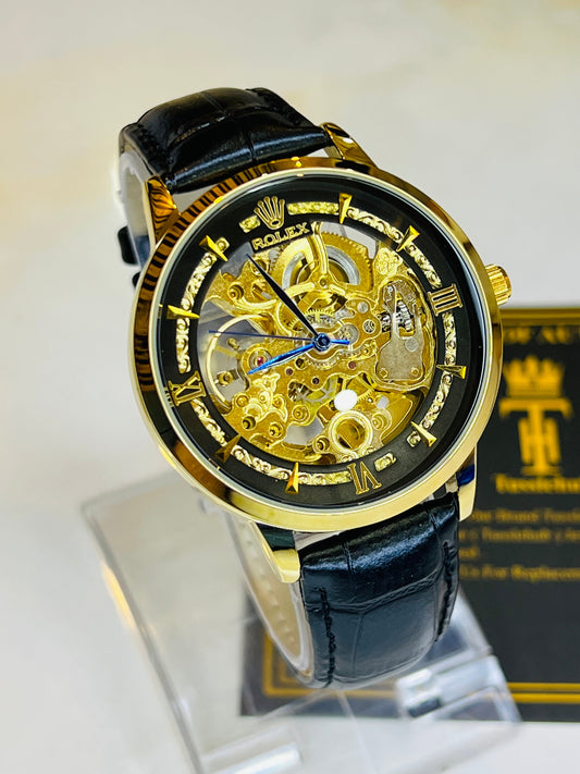 Leather Rol*x Black Gold Automatic Skeleton Watch