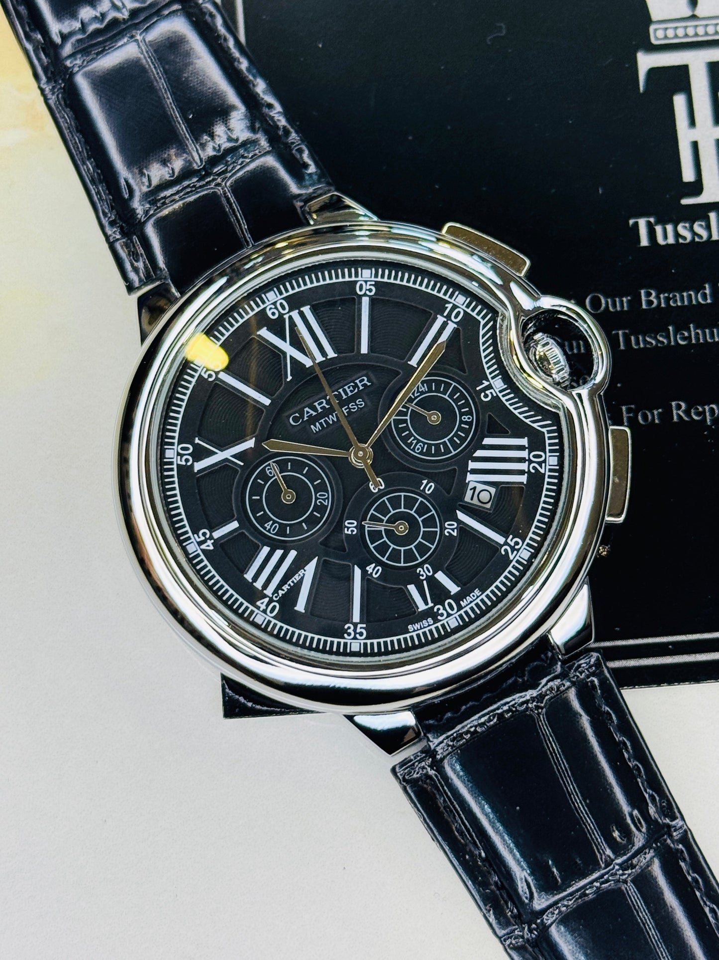 C-1 All Black Leather Cart*er Chronograph Dial Watch