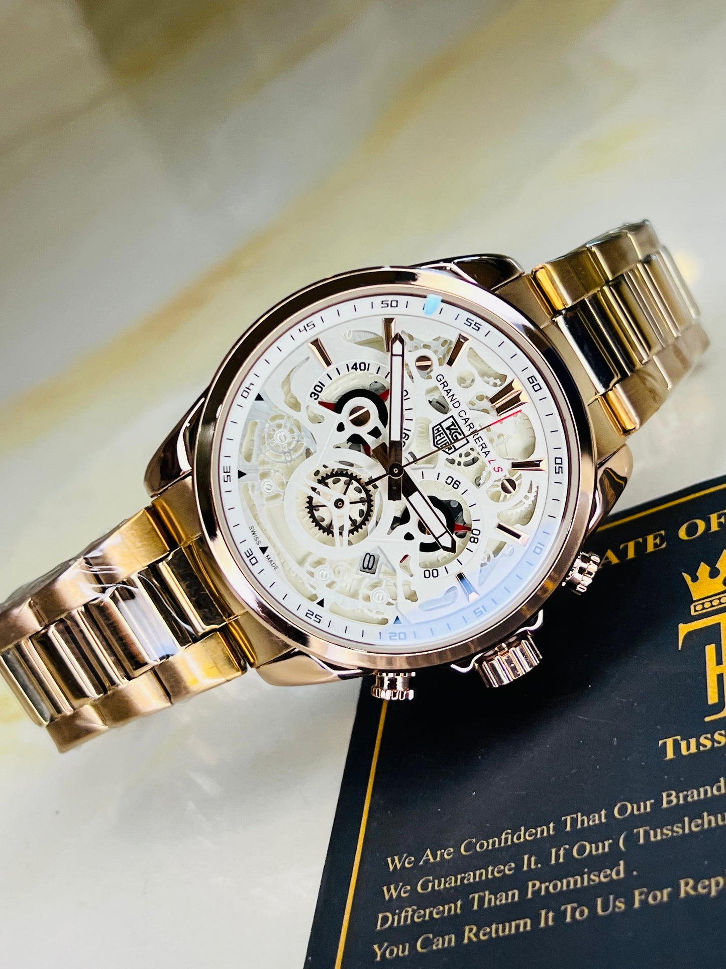 Rose Gold White Grand Carrera Chain Strap Chronographs  Watch