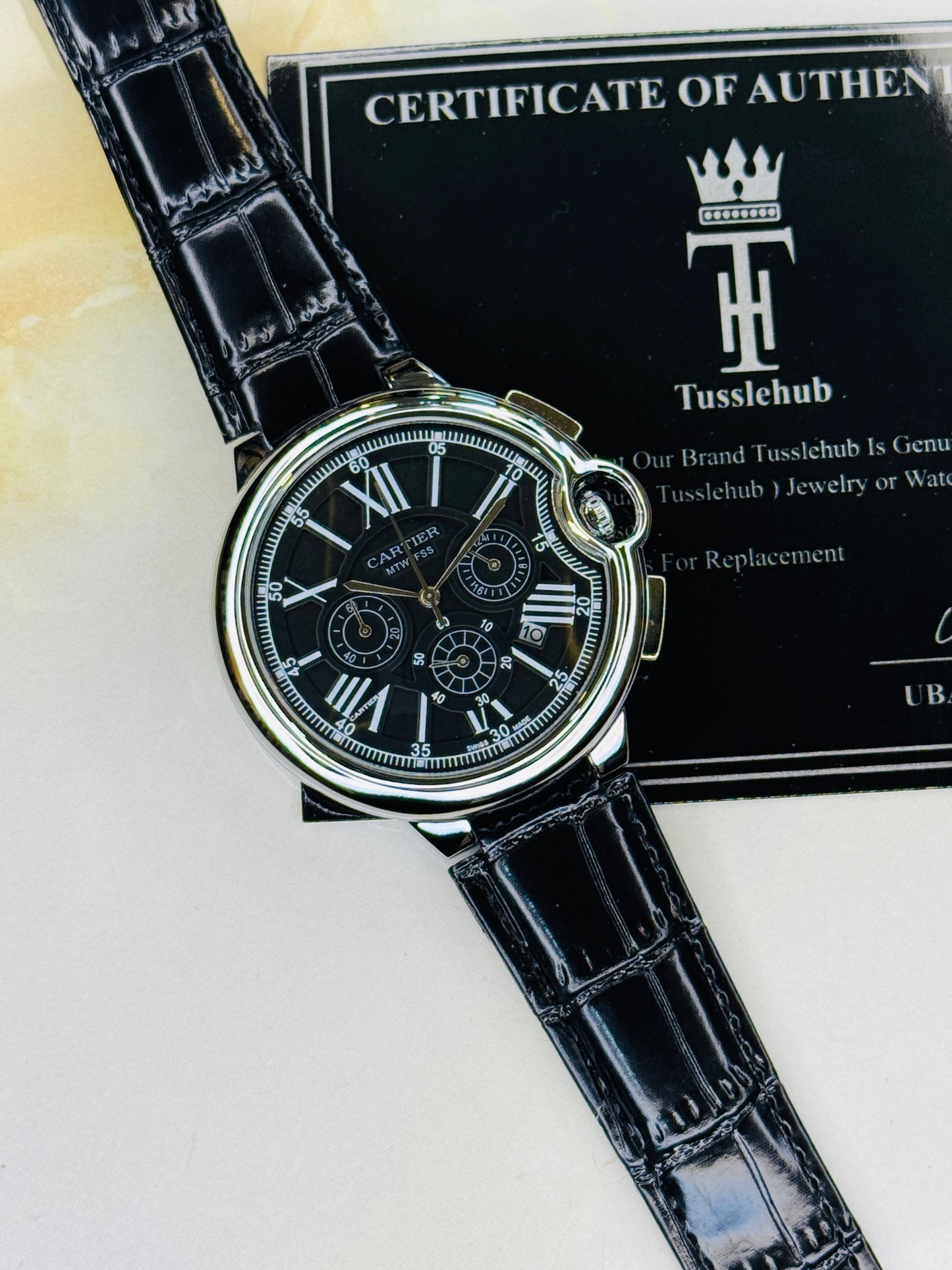 C-1 All Black Leather Cart*er Chronograph Dial Watch