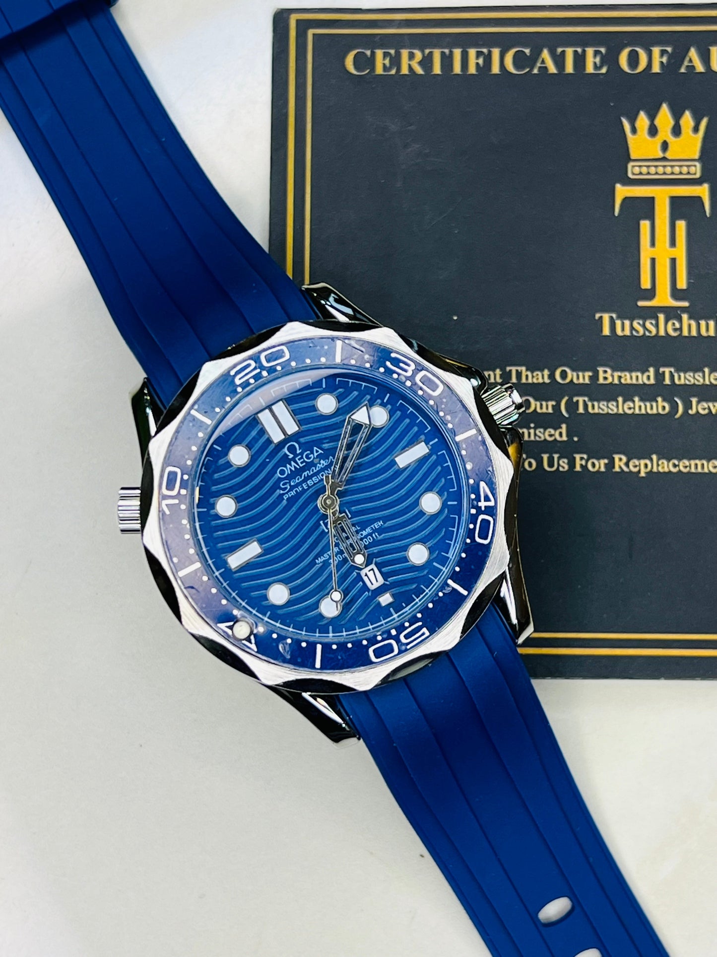Omega Silicon Strap Black Blue Silver Watch