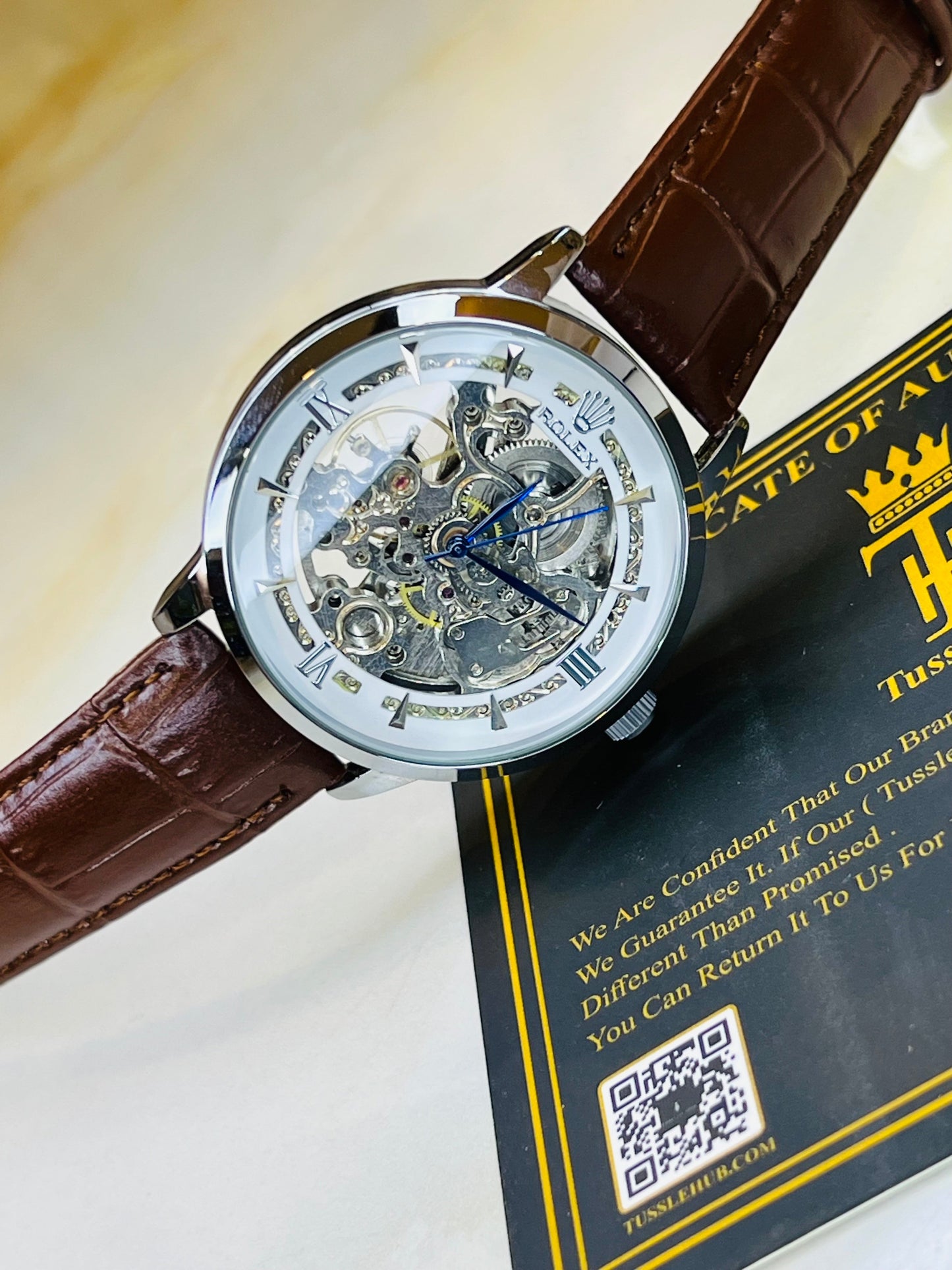 Leather Rol*x Brown White Automatic Skeleton Watch
