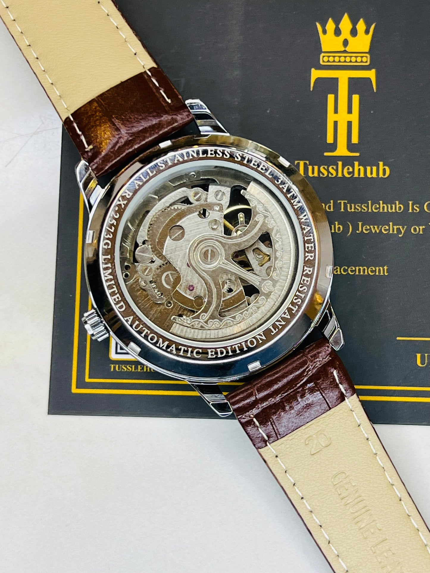Leather Rol*x Brown White Automatic Skeleton Watch