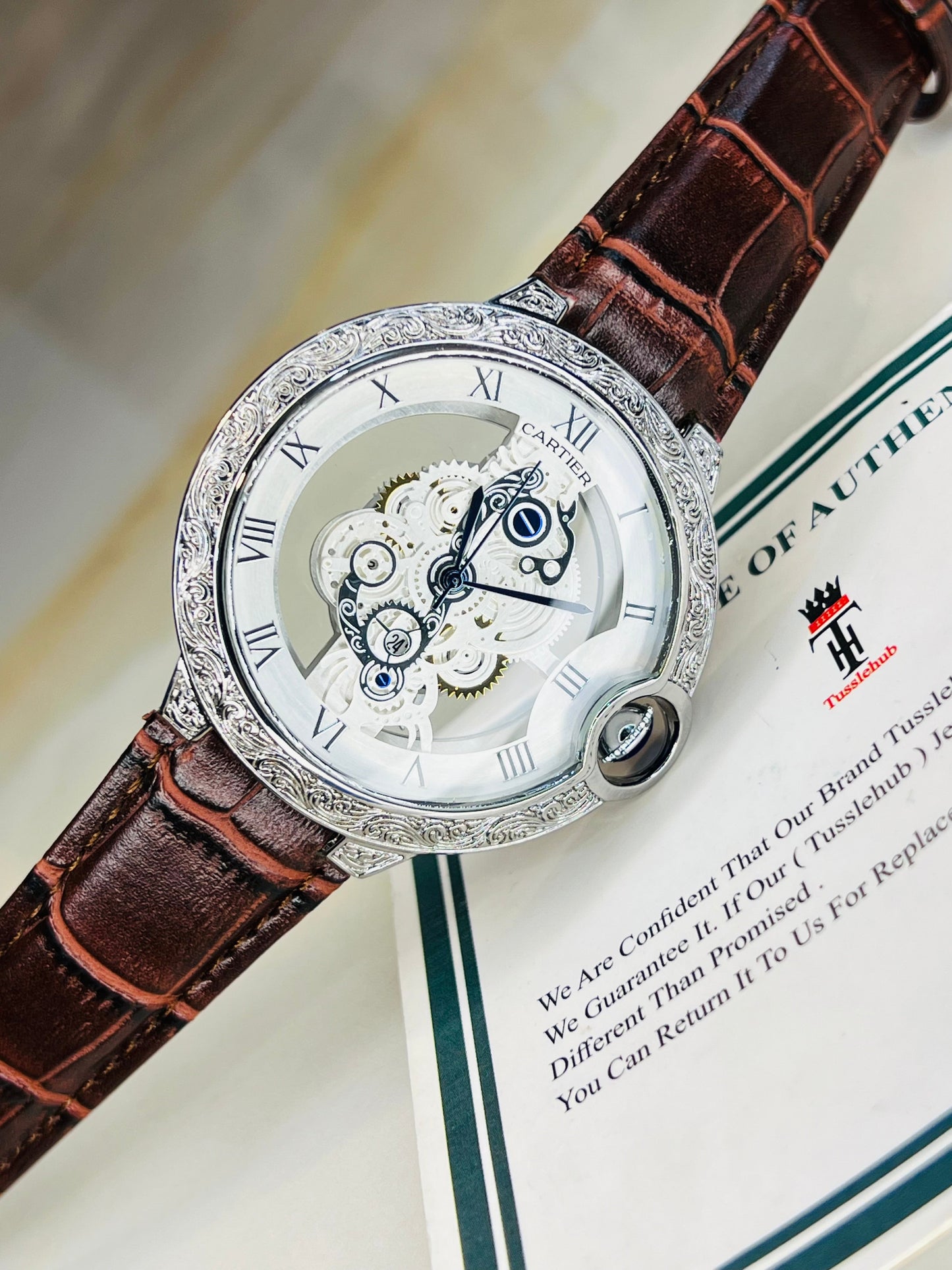 Brown Silver Engraved Skeleton Dial Watch