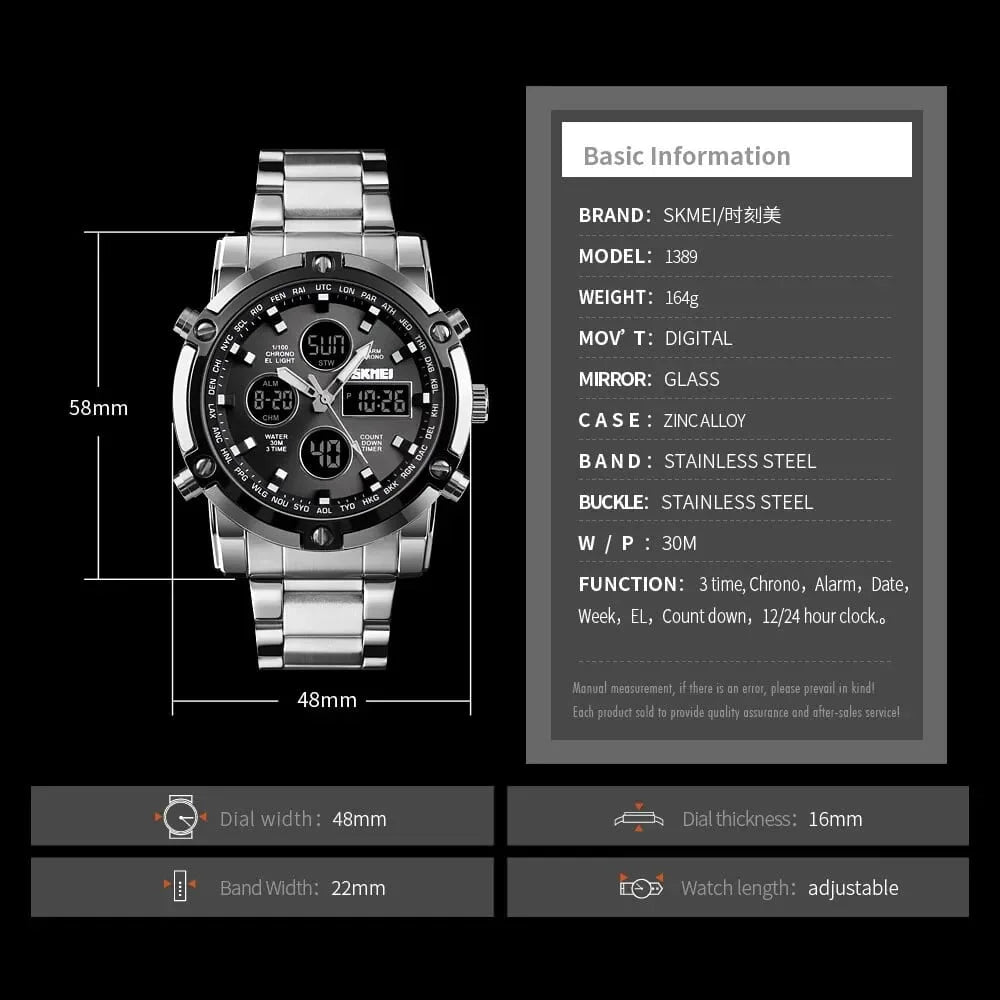 Skmei – 1389 – Dual Display Waterproof Watch – Silver/Black