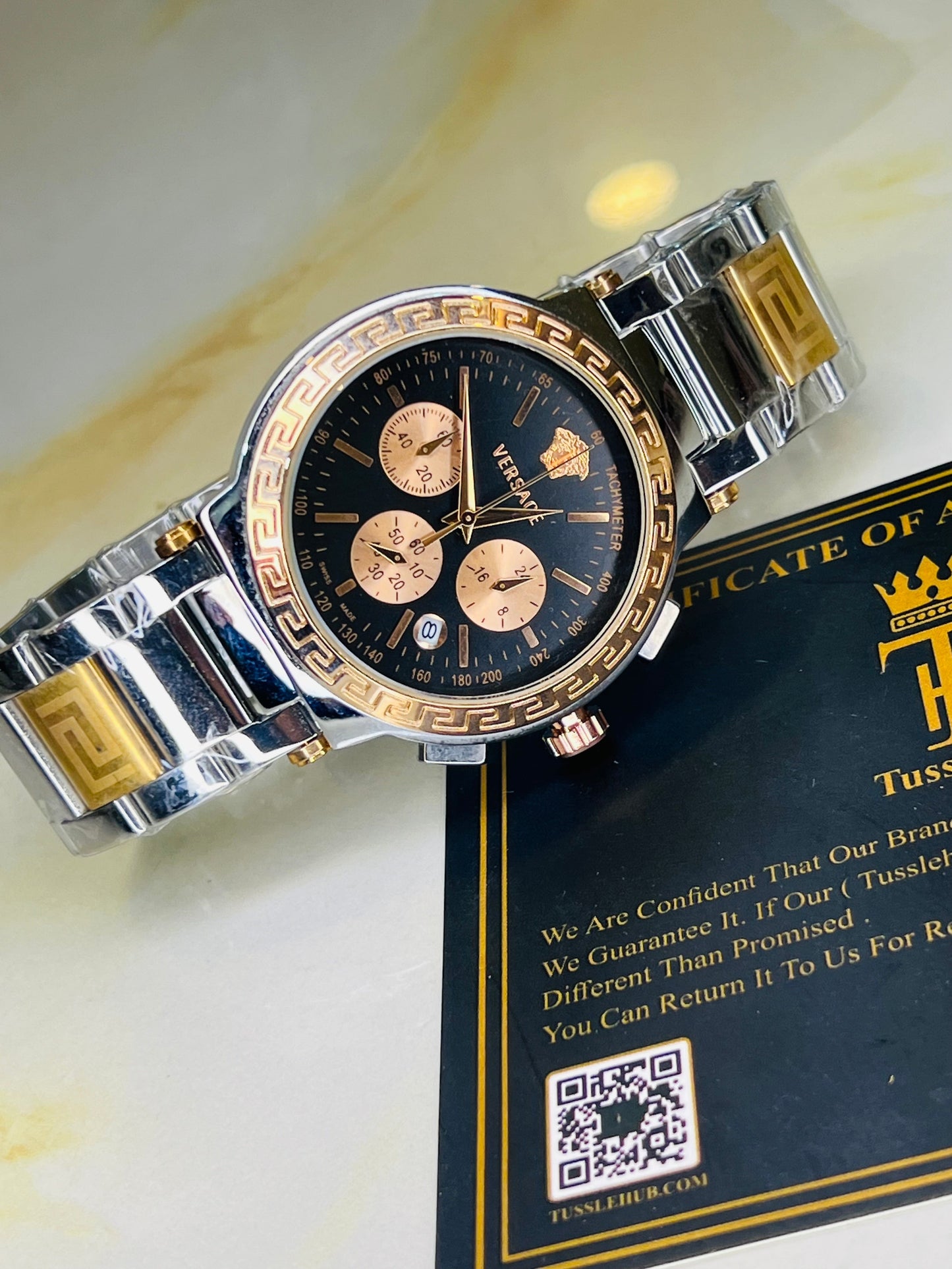 Silver Copper Versace Black Chronograph Dial Watch