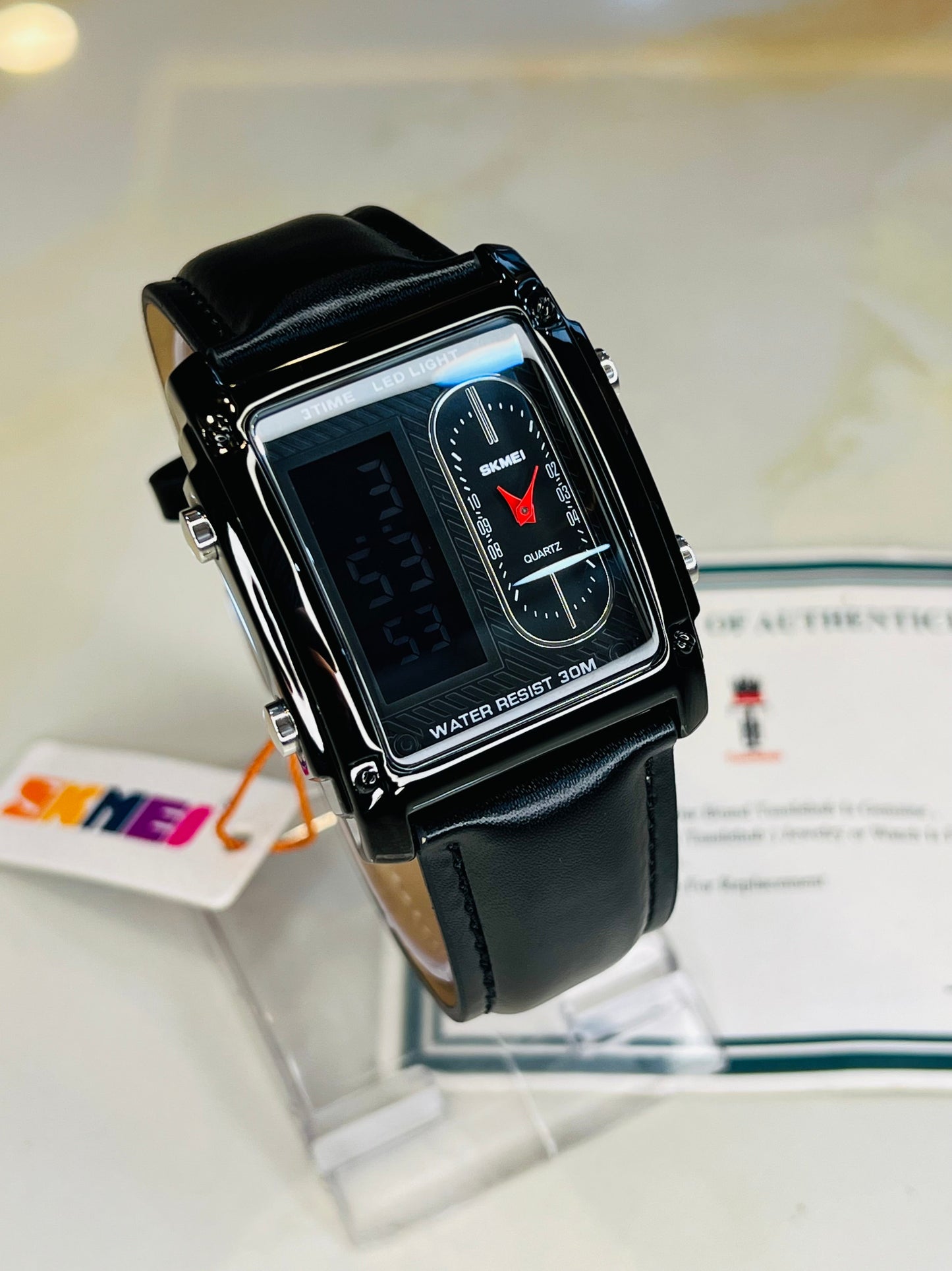 Leather Strapped Skmei 3 Time Black Watch