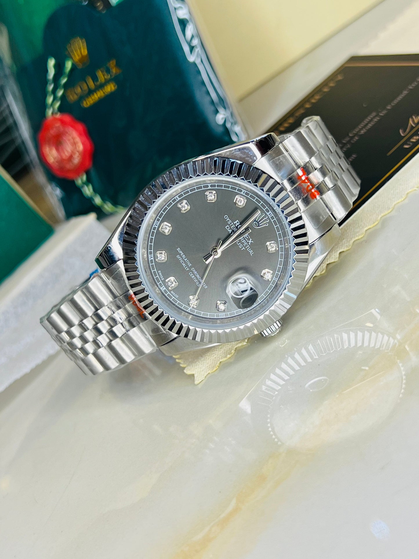 Date Just Silver Metallic Grey Dial Quartz Master Clone Watch