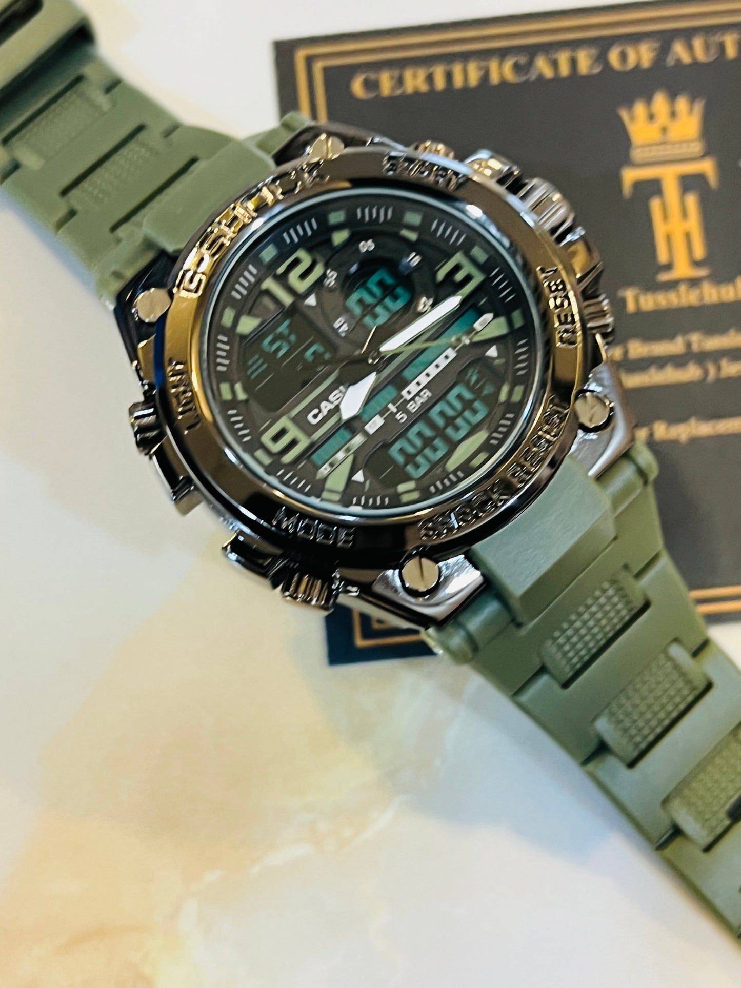 Army Green Strap Digital Metal Body Sports Watch