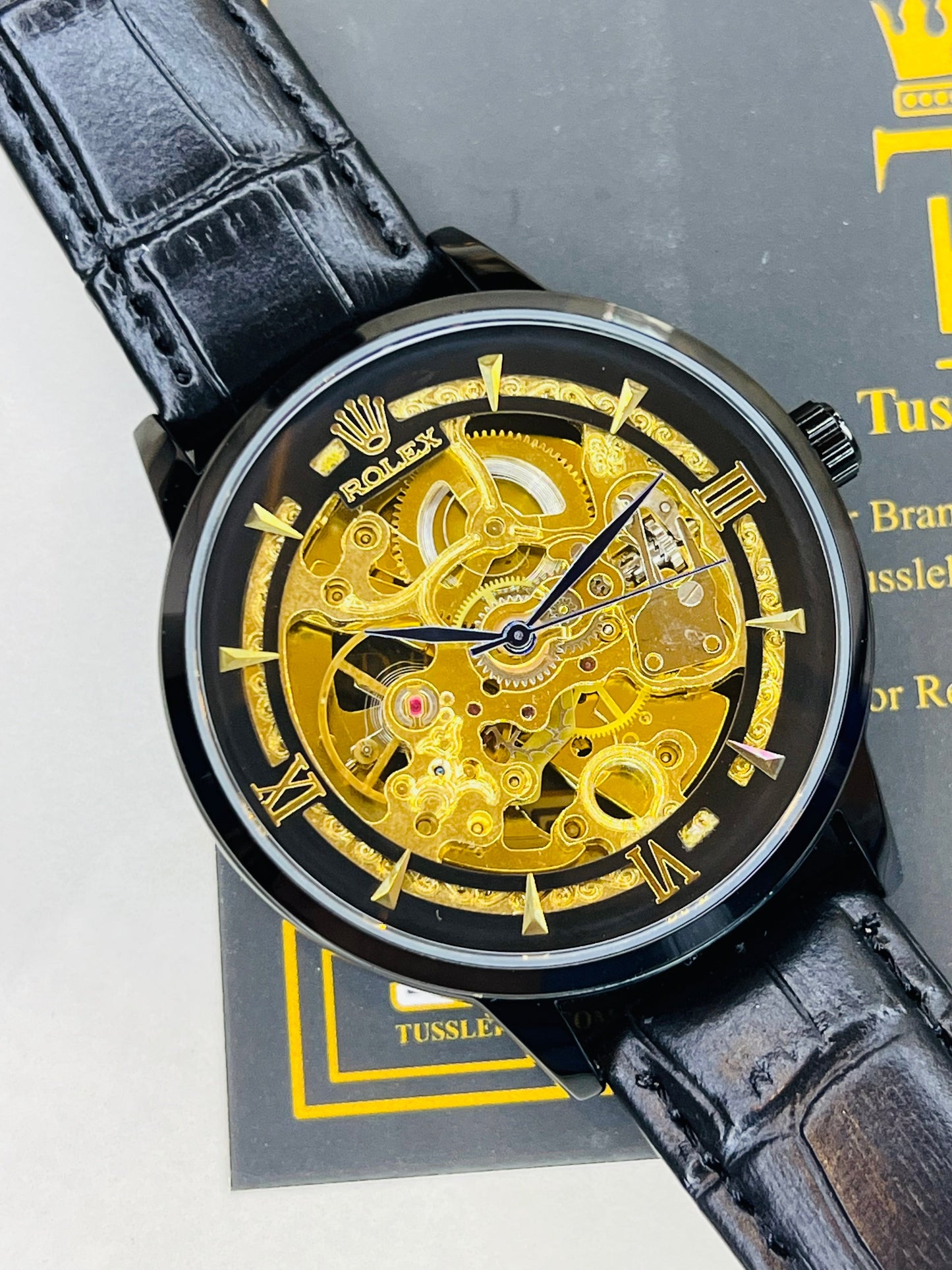 Leather Rol*x All Black Automatic Skeleton Watch
