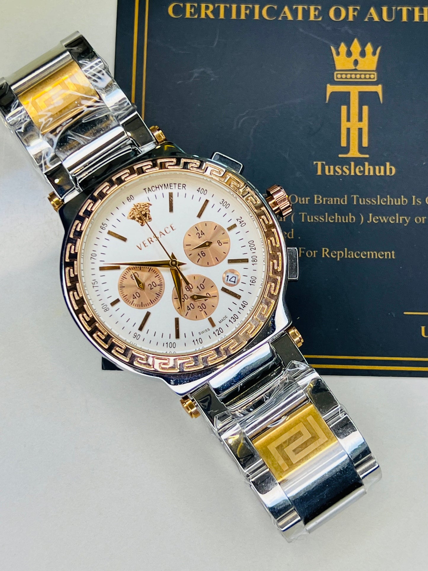 Silver Copper Versace White Chronograph Dial Watch
