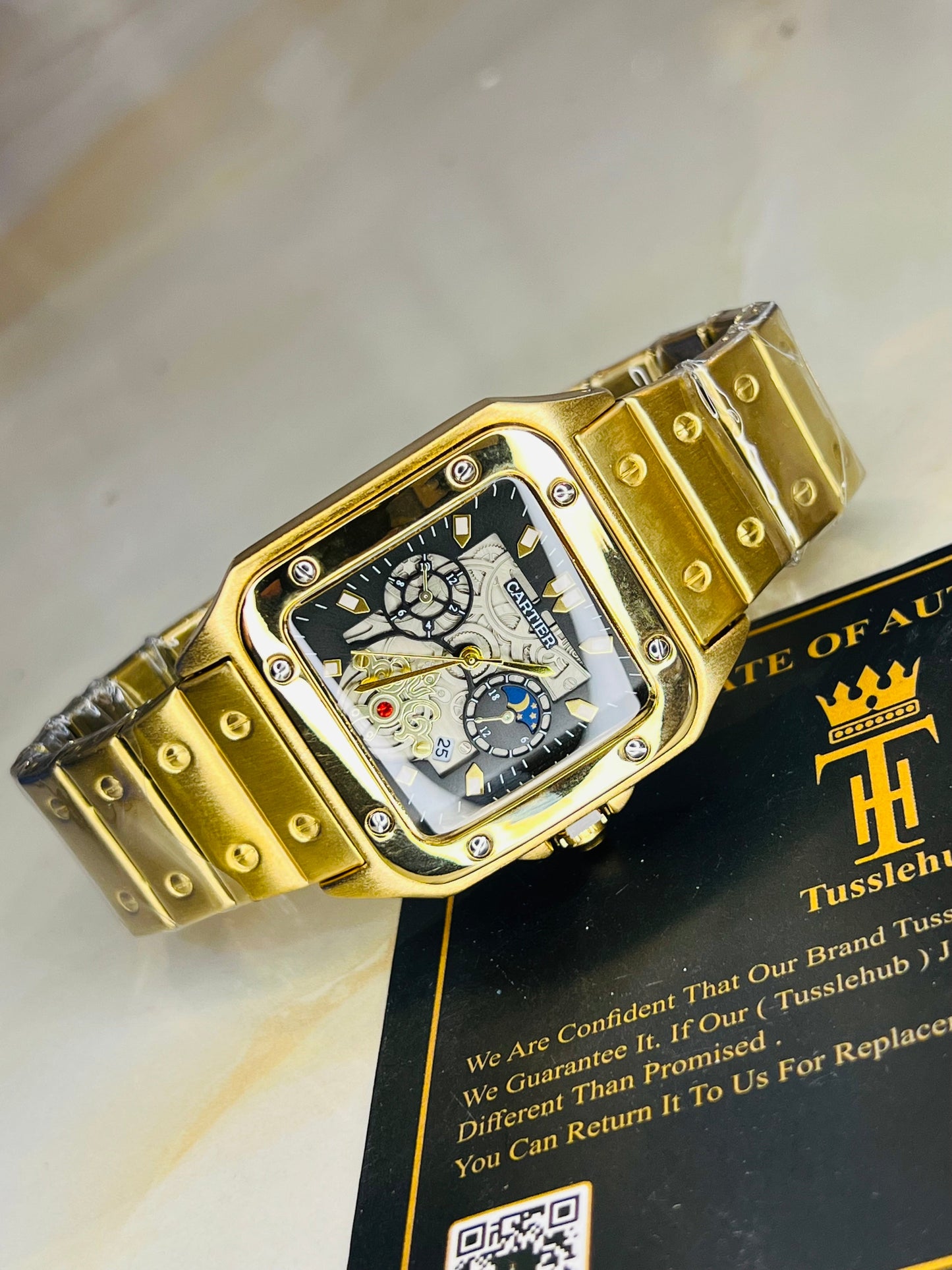 Tank Gold Black Dial Square Premium Watch