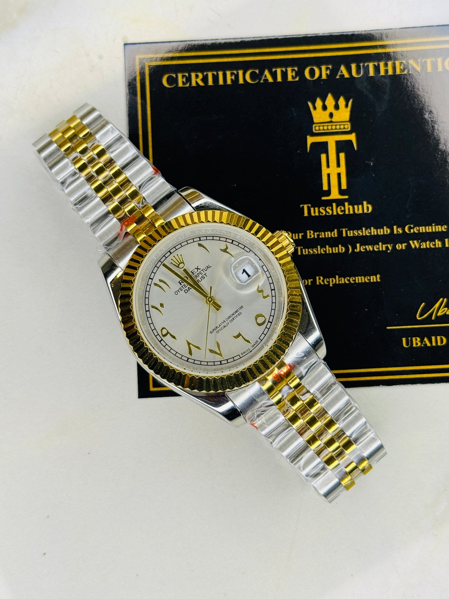 Jubilee Date Just Two Tone Arabic Fluted Grey Dial Quartz Watch