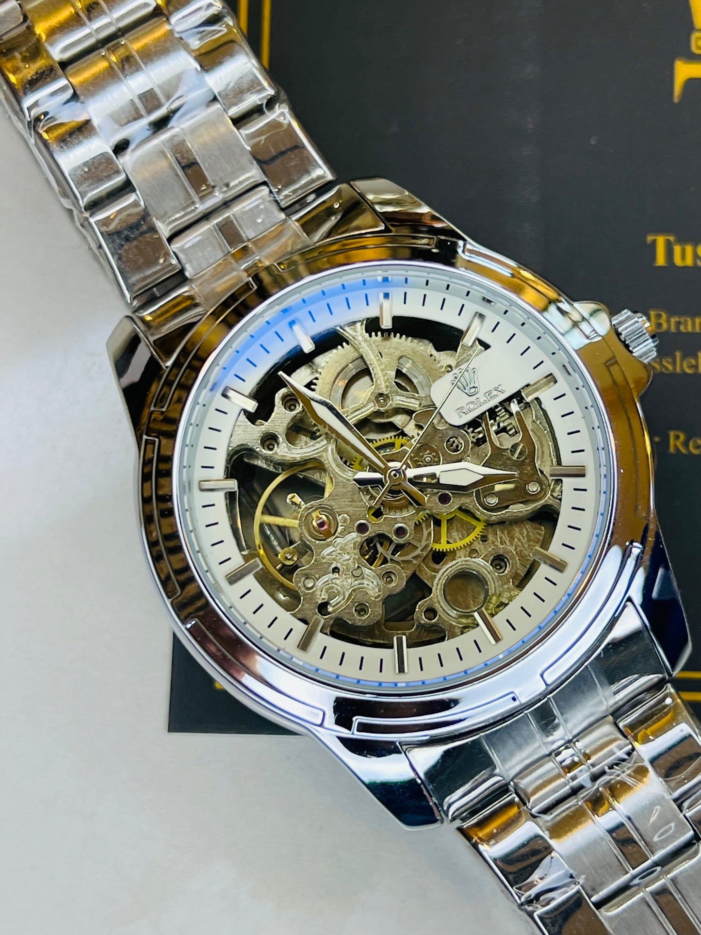 R-2 Silver White Chain Strap Skeleton Automatic Watch