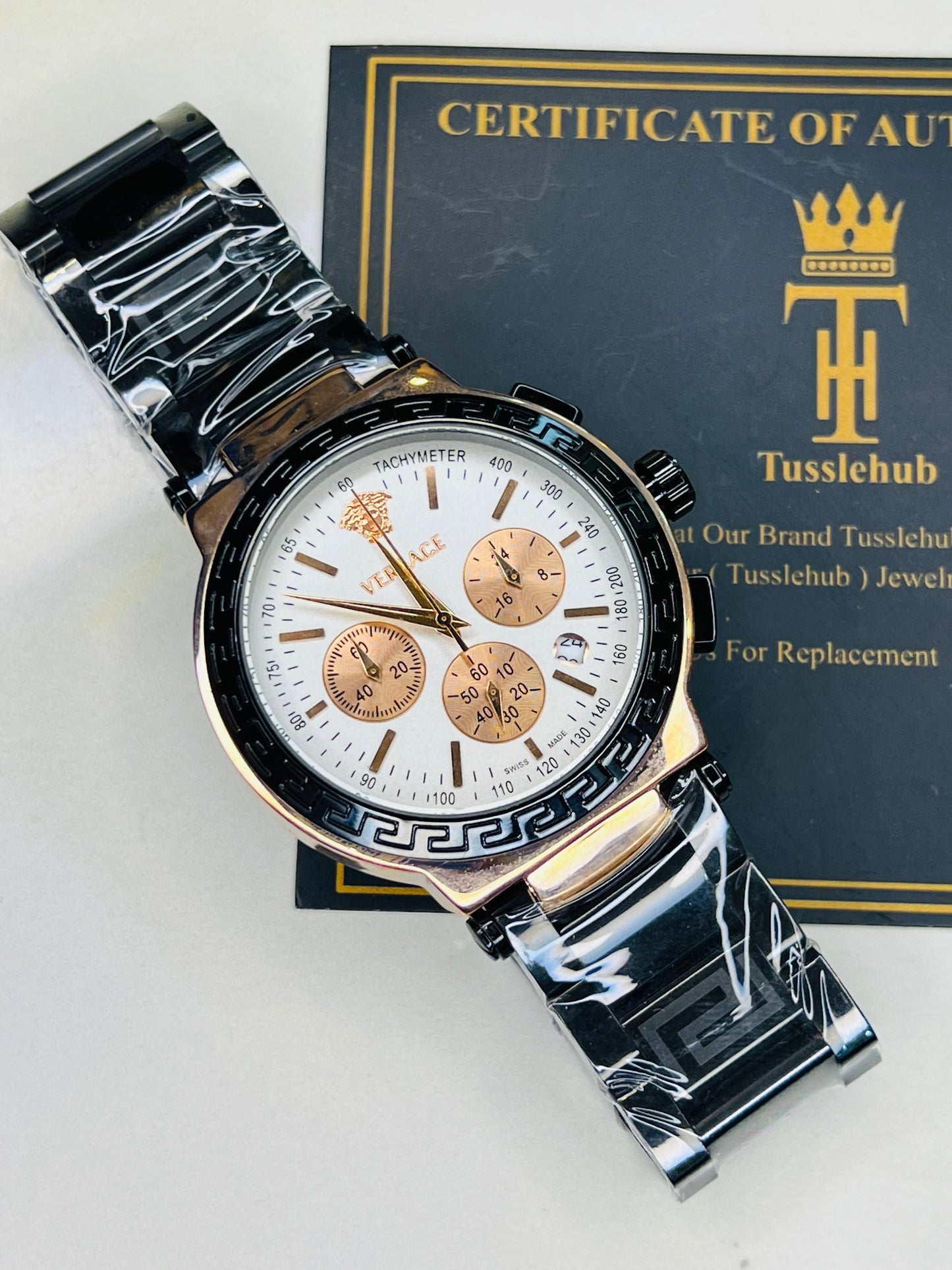Black Copper Versace White Chronograph Dial Watch
