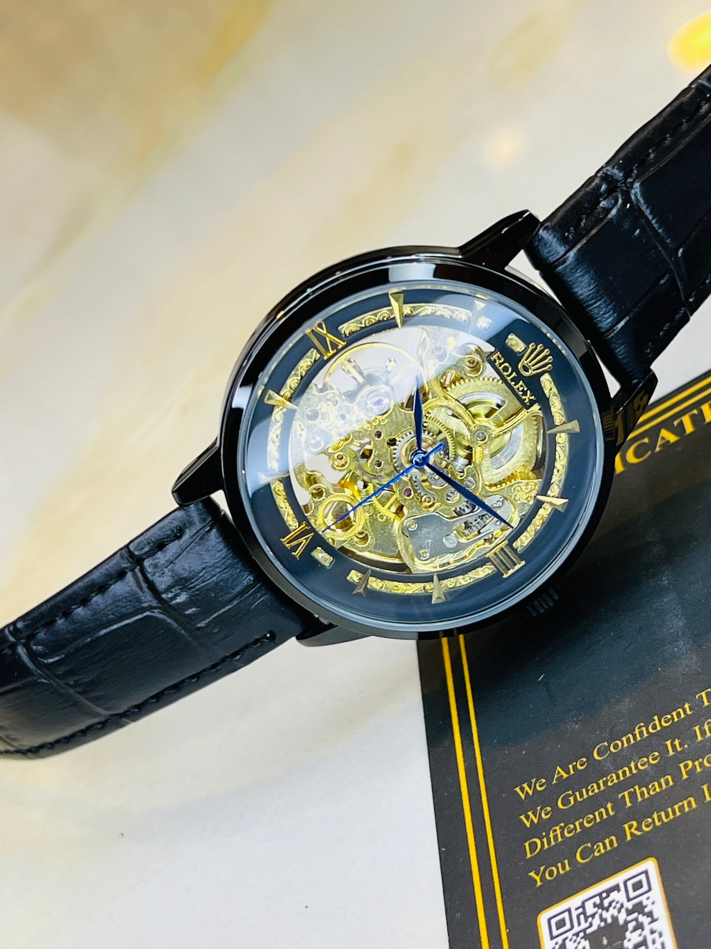 Leather Rol*x All Black Automatic Skeleton Watch