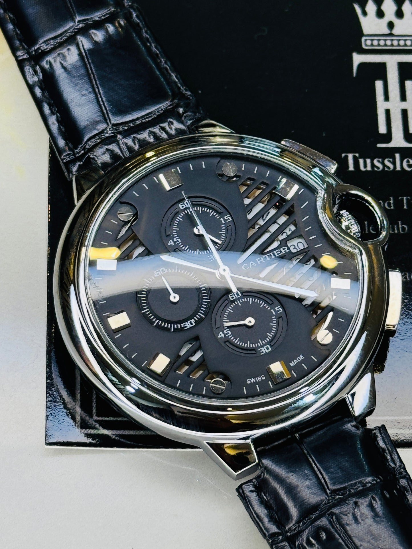 C-2 All Black Leather Cart*er Chronograph Dial Watch