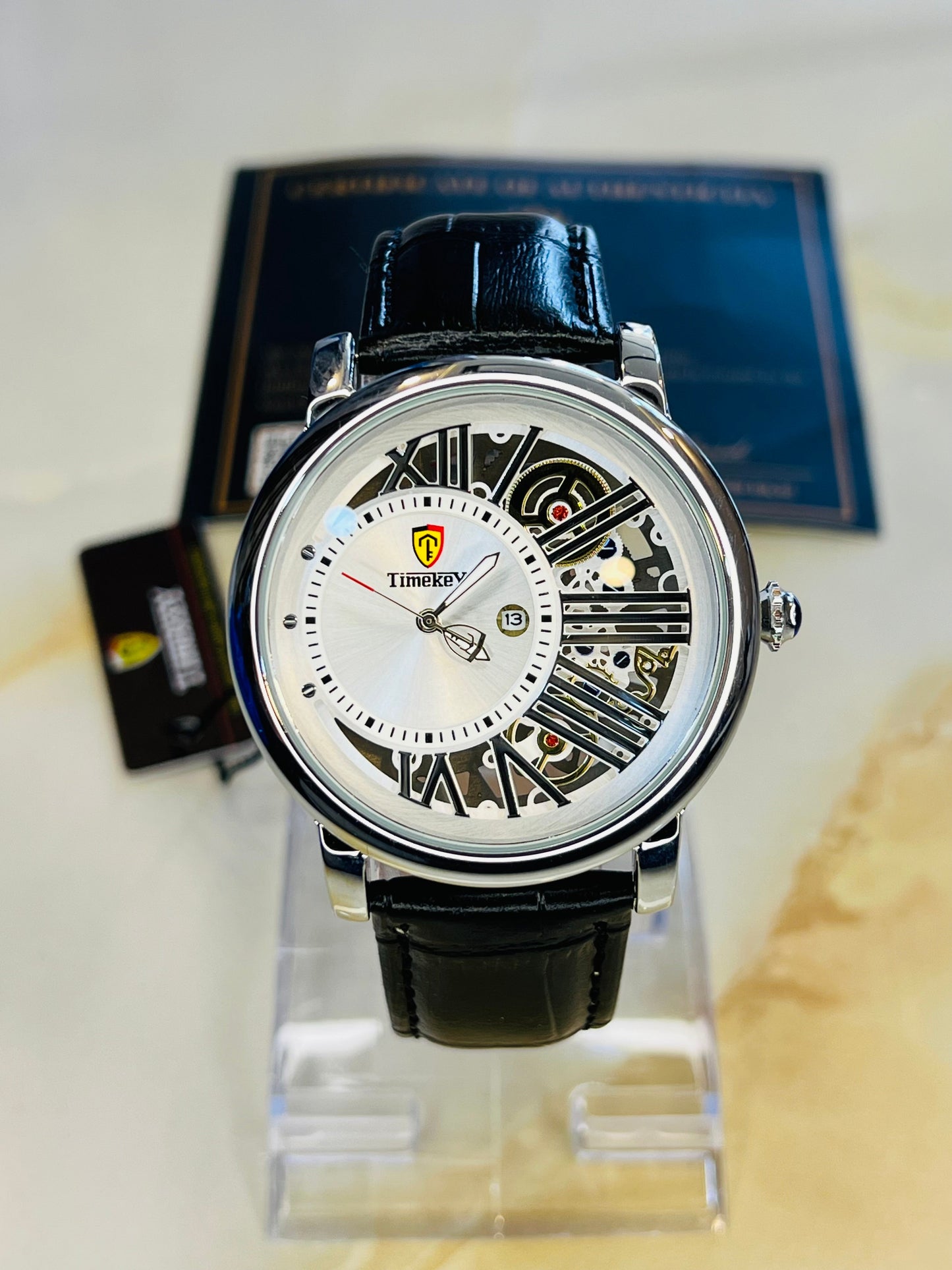 Time Key Partial Silver White Skeleton Dial Watch