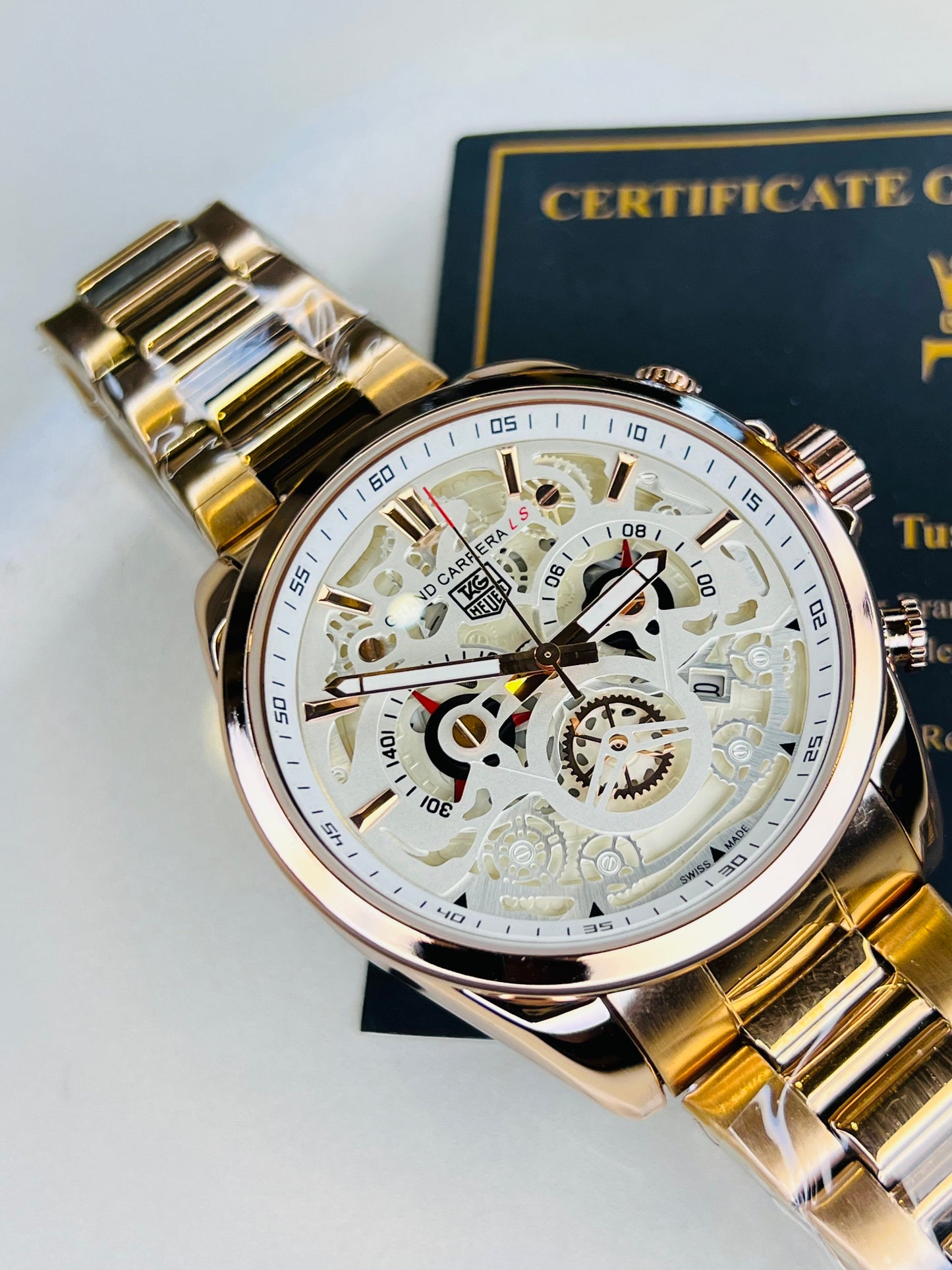 Rose Gold White Grand Carrera Chain Strap Chronographs  Watch