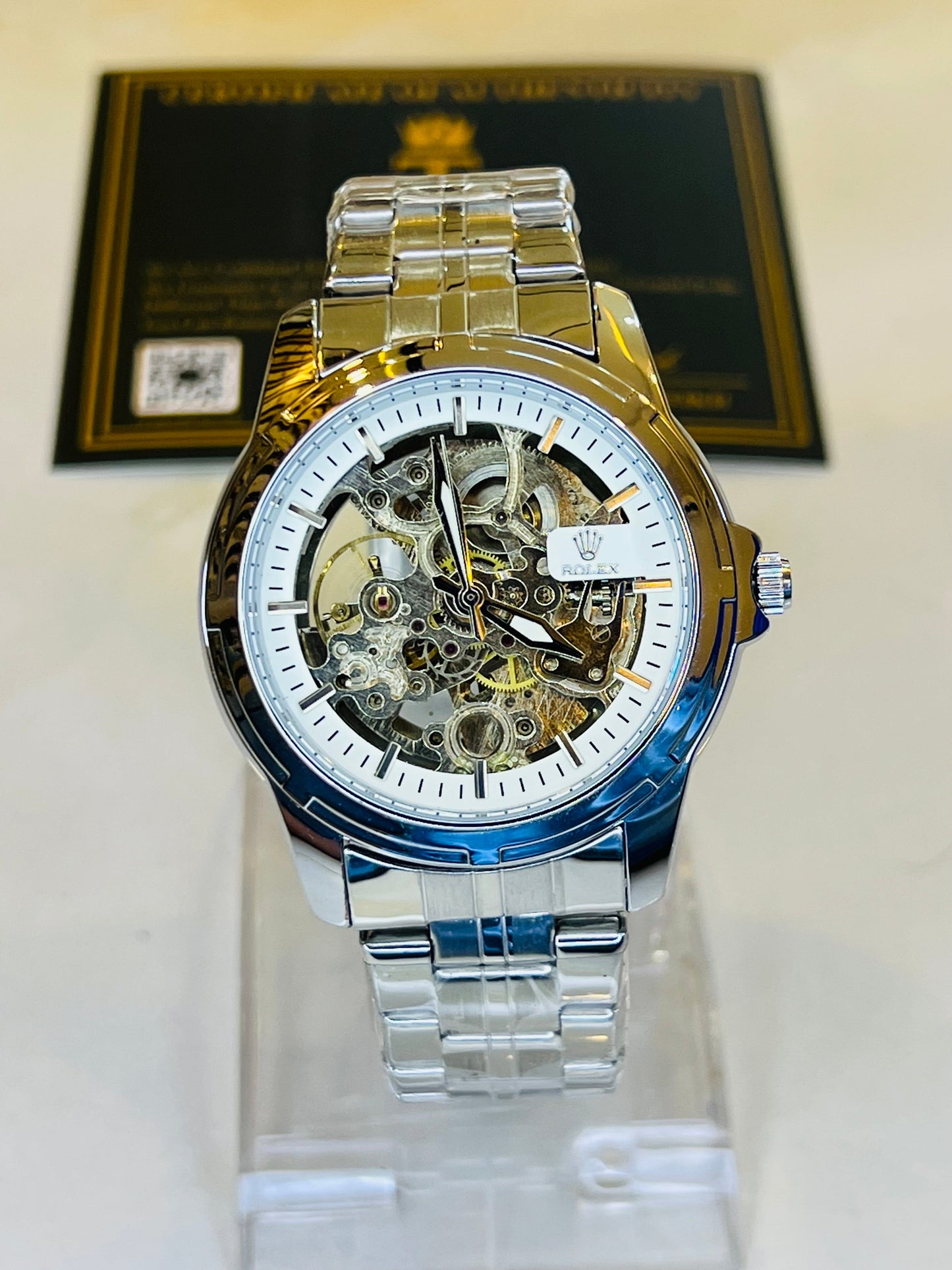 R-2 Silver White Chain Strap Skeleton Automatic Watch