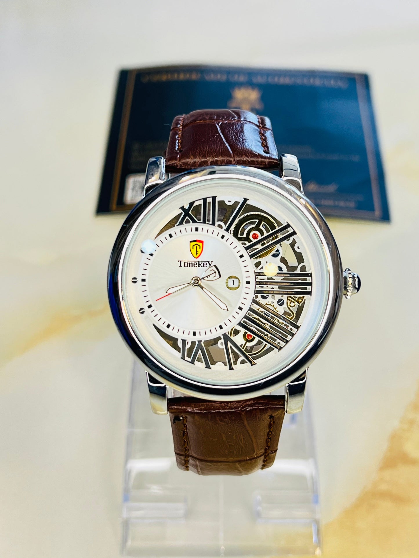 Time Key Partial Silver White Skeleton Dial Watch