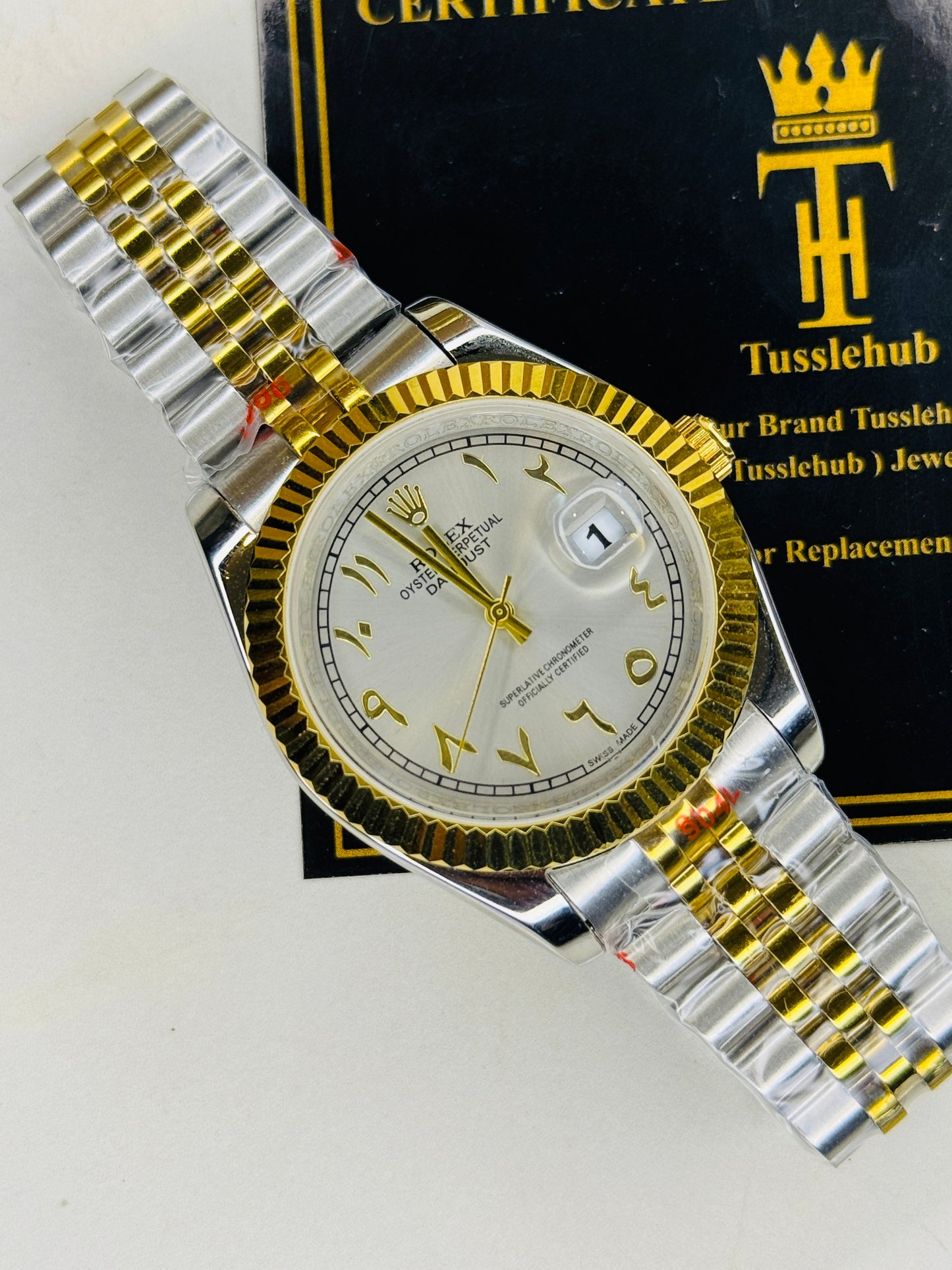 Jubilee Date Just Two Tone Arabic Fluted Grey Dial Quartz Watch