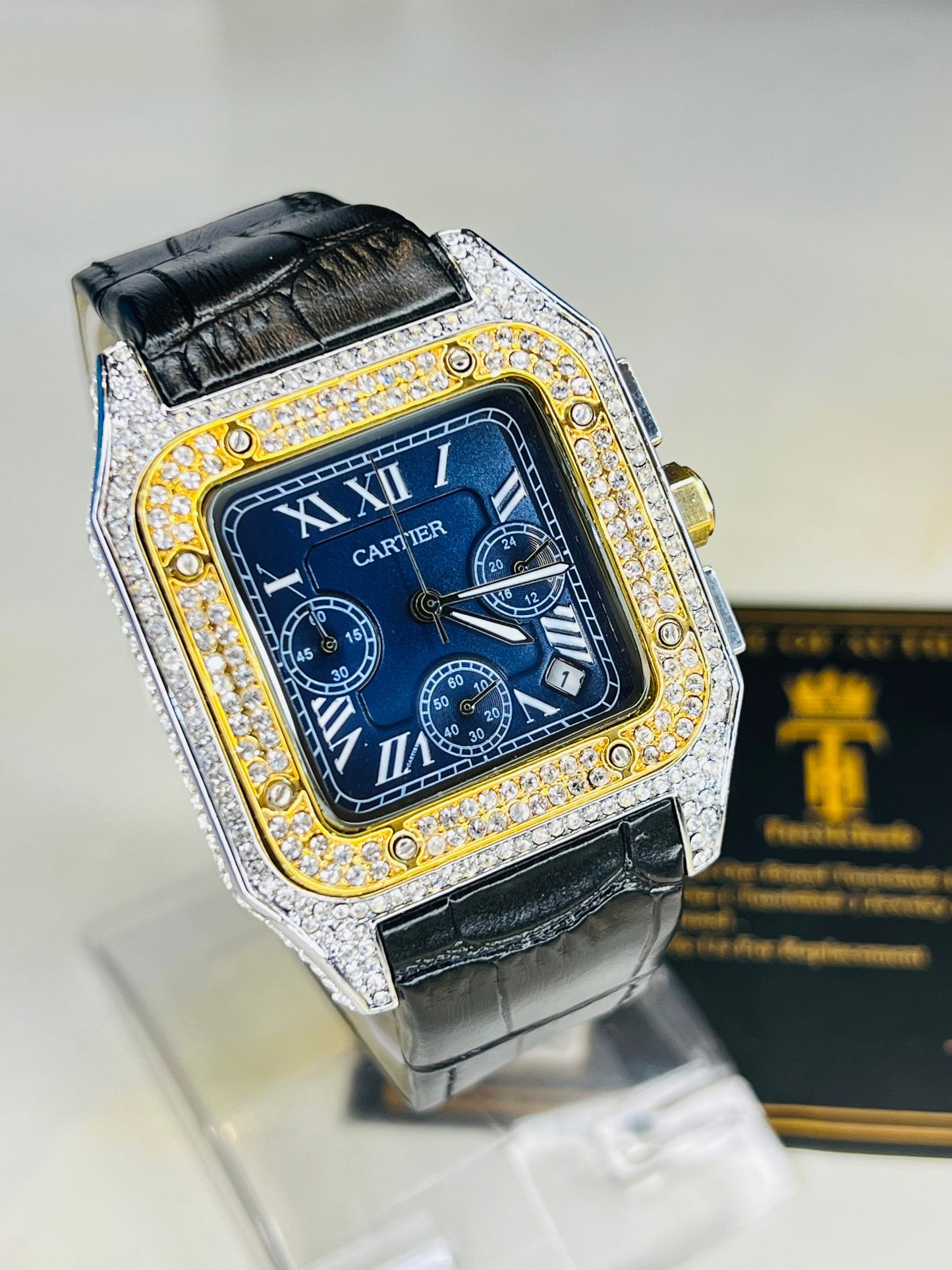 Premium Zircon Dial Black Navy Square Chronograph Watch