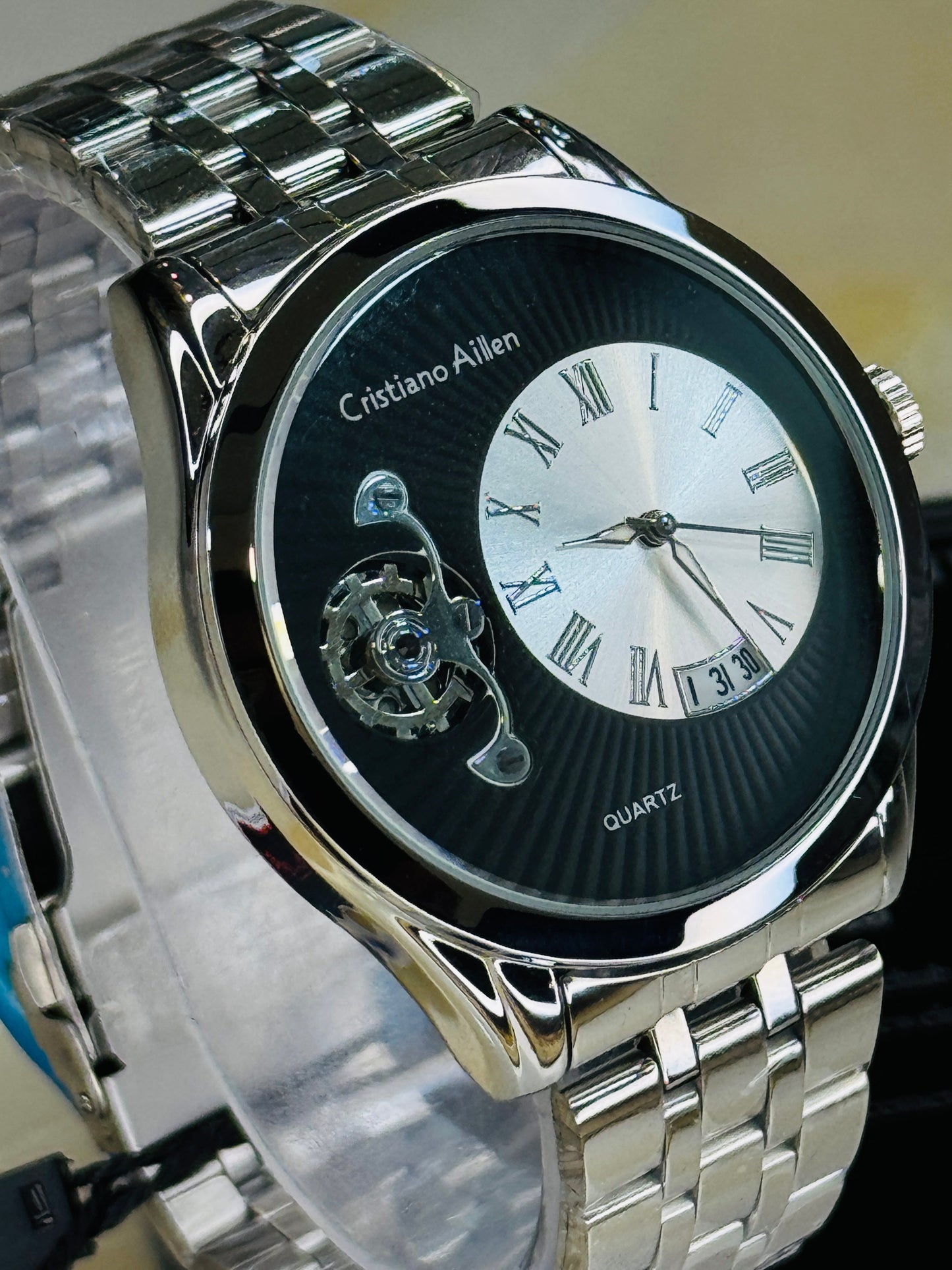 Silver Cristiano Aillen Black Spiral Gear Dial Watch