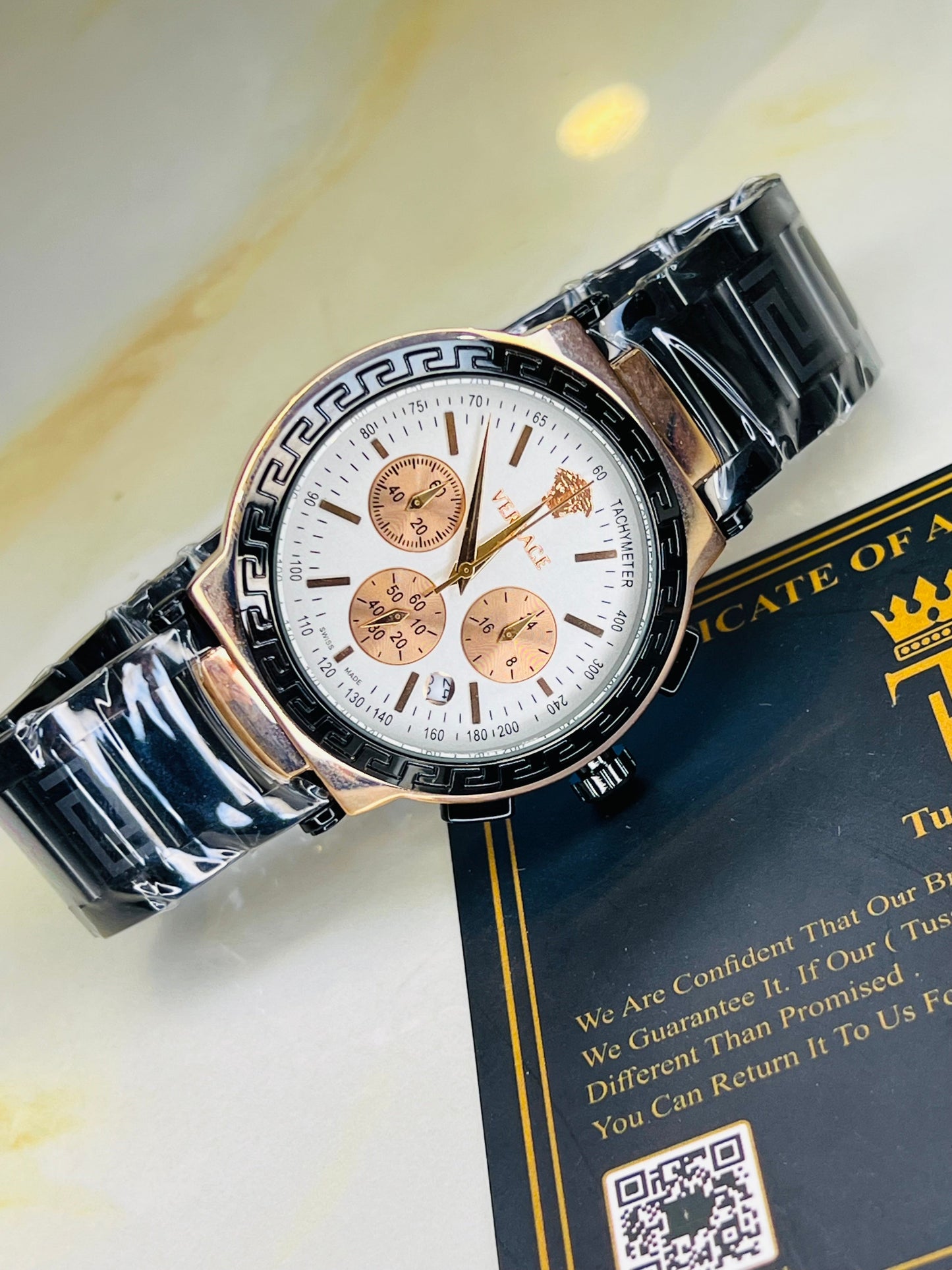 Black Copper Versace White Chronograph Dial Watch