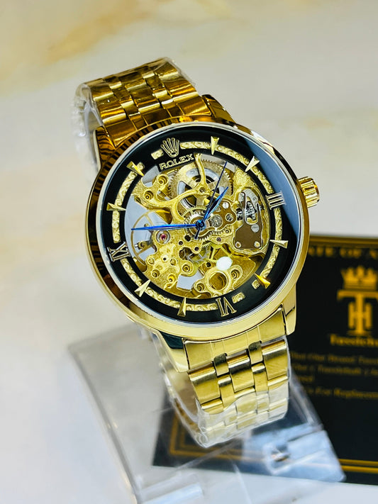 R-1 Gold Black Chain Strap Skeleton Automatic Watch
