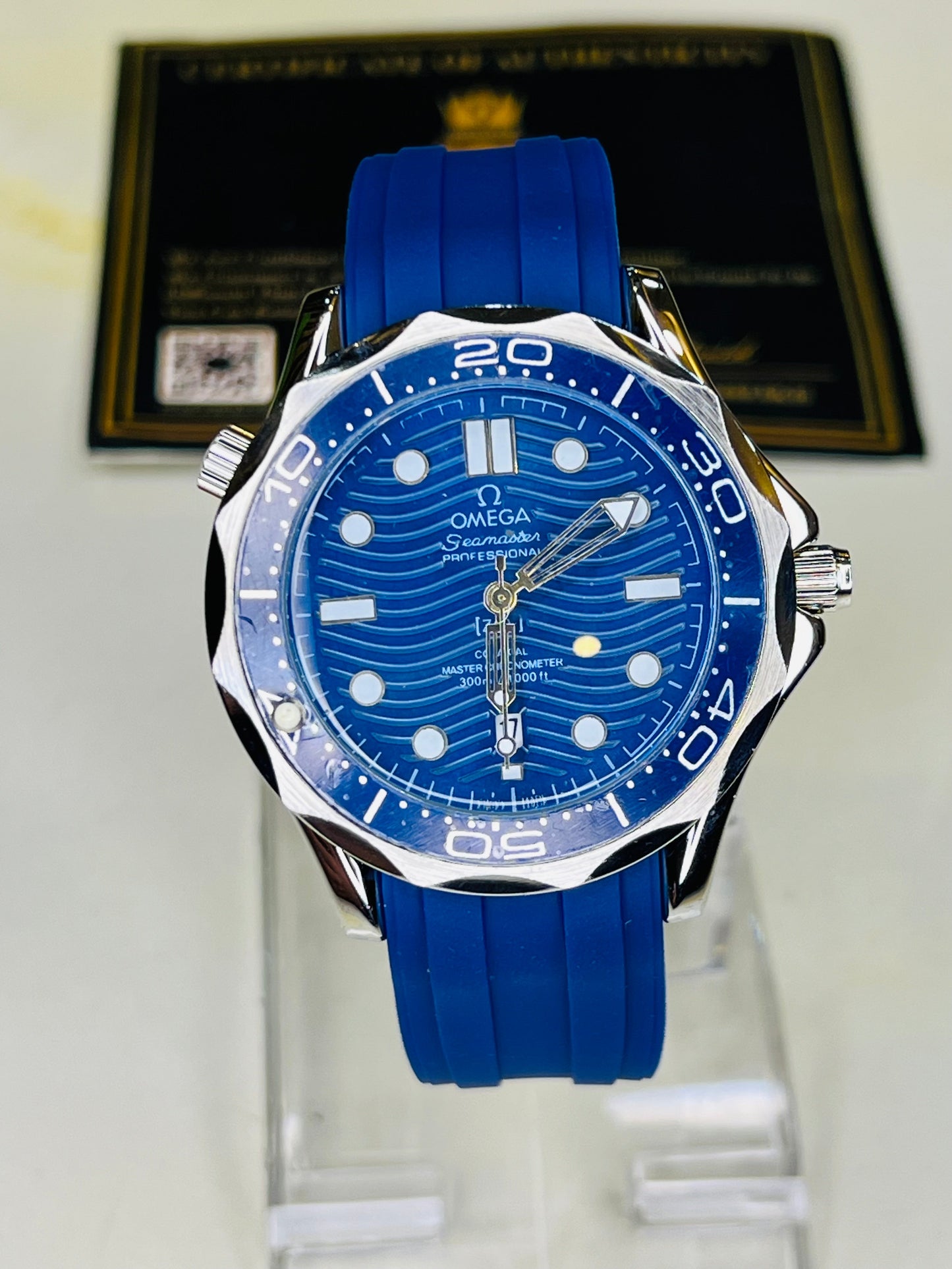 Omega Silicon Strap Black Blue Silver Watch