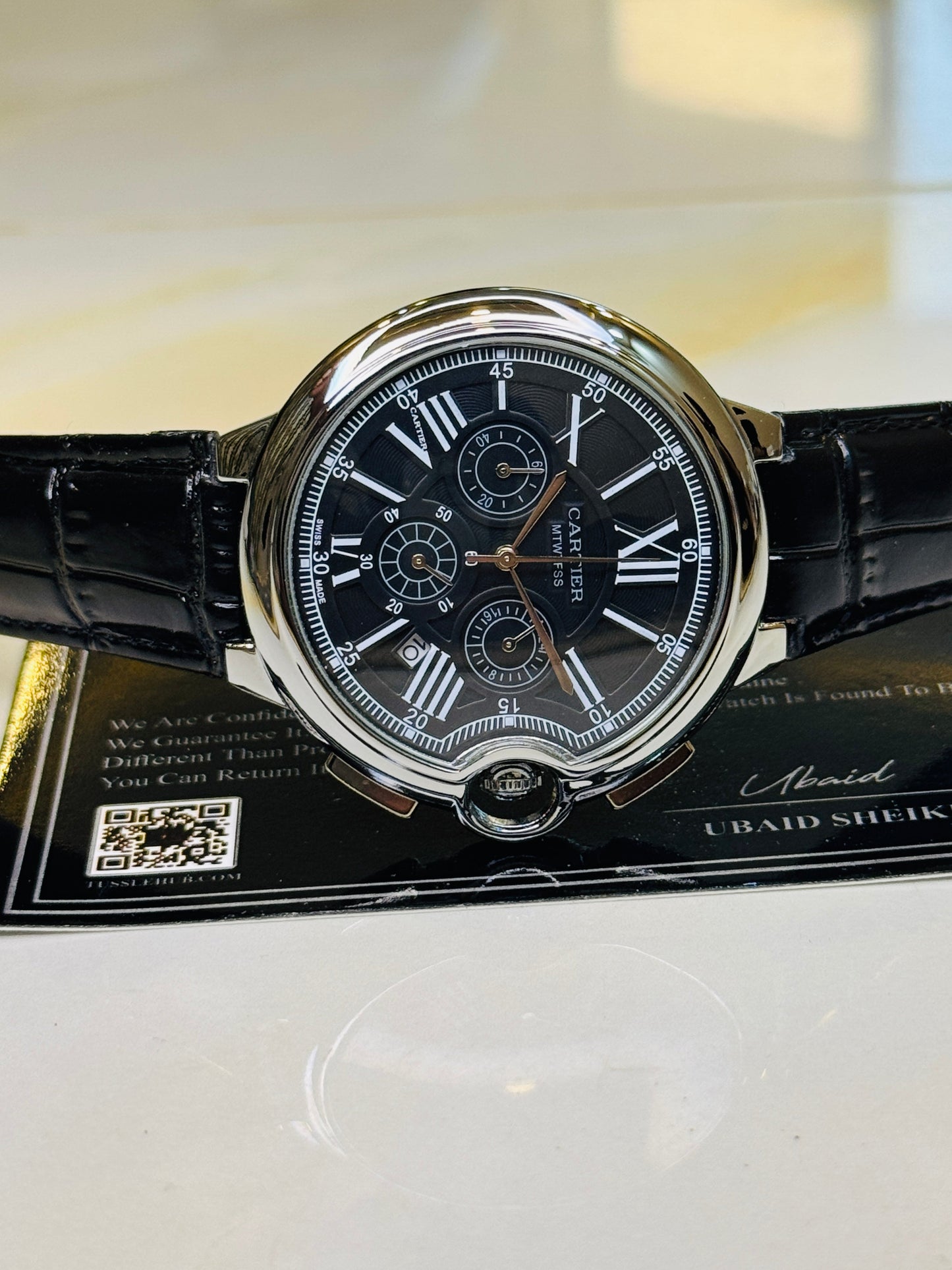 C-1 All Black Leather Cart*er Chronograph Dial Watch