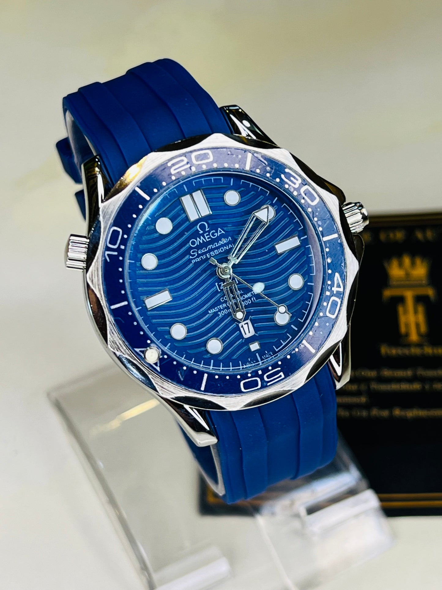 Omega Silicon Strap Black Blue Silver Watch