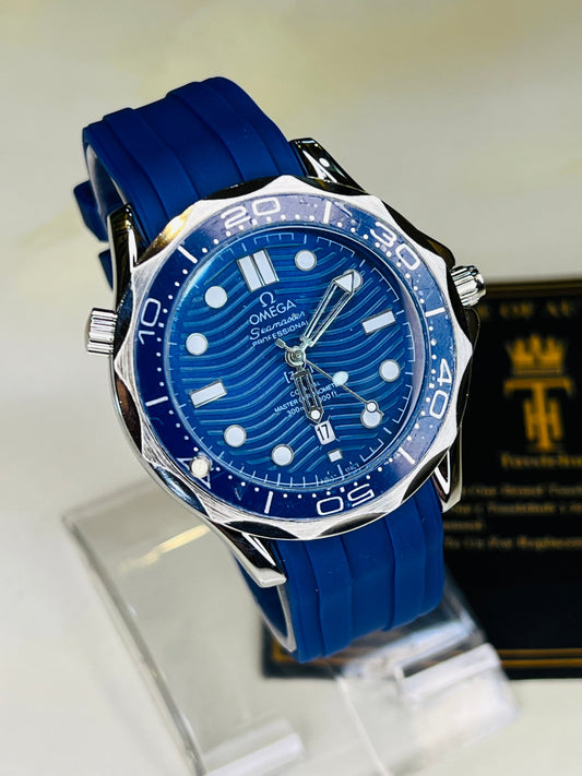 Omega Silicon Strap Black Blue Silver Watch