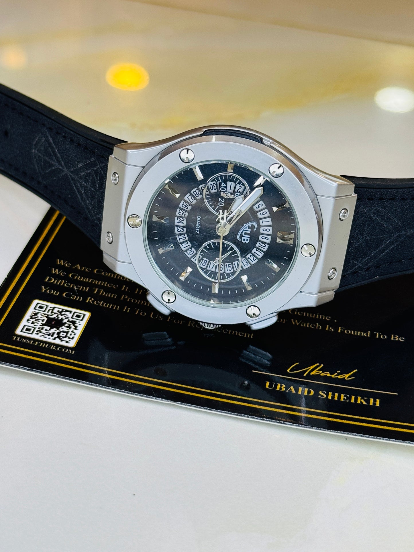 Black Silver Black Hologram Hublot Leather Strap Watch