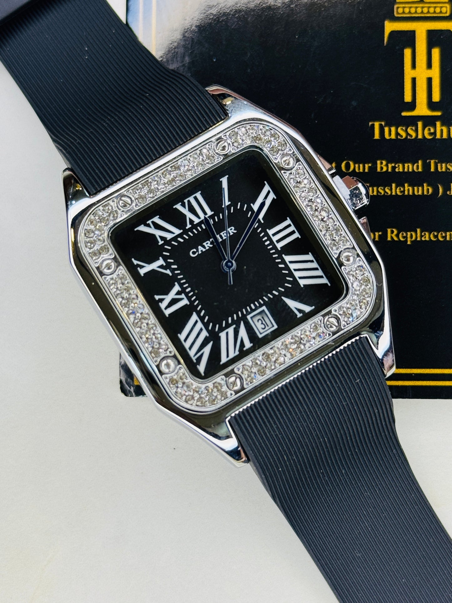 Silver Black Iced Tank Silicon Cartier Watch