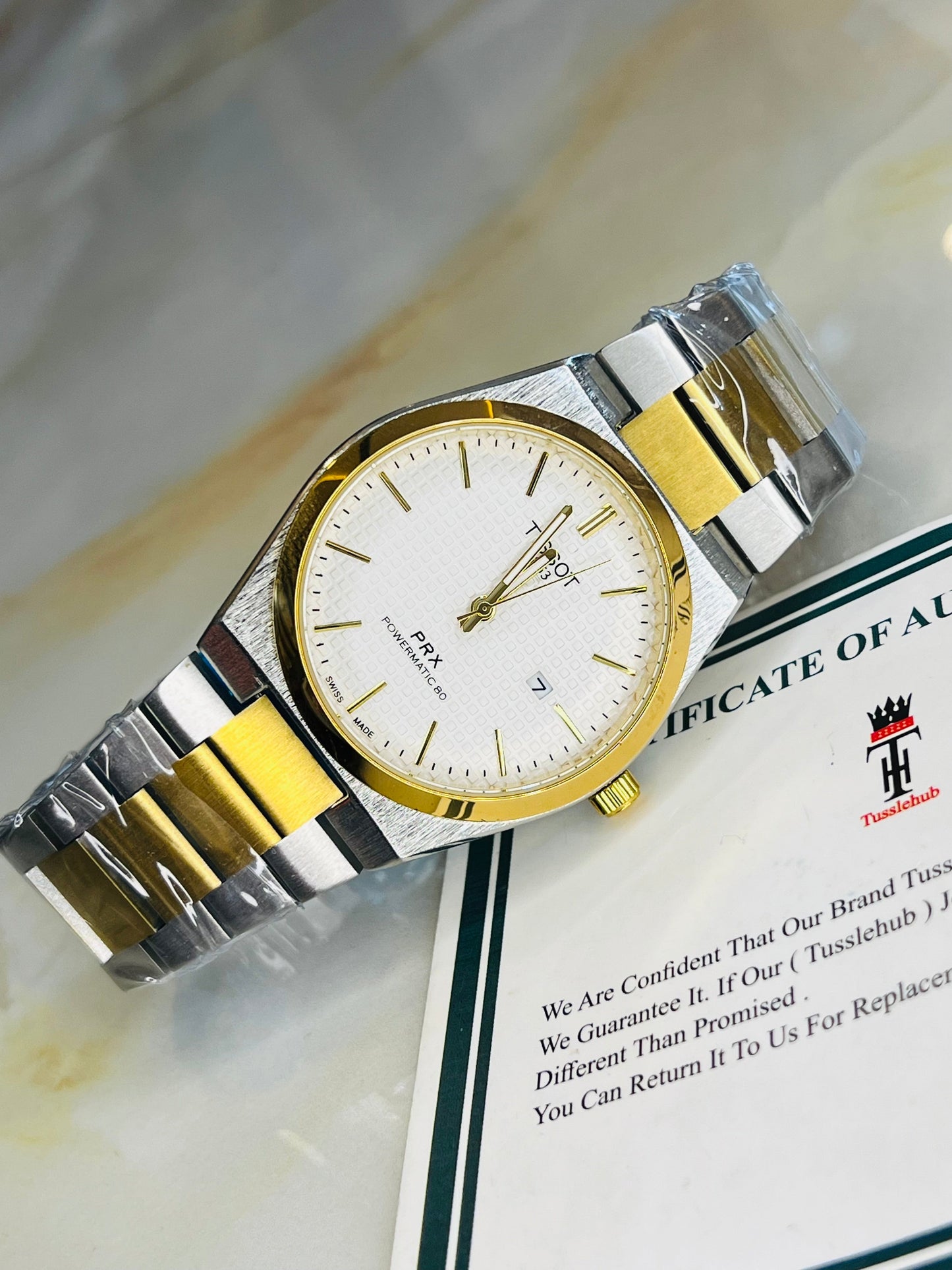Tissot PRX 1853 Gold Silver With Textured White Dial Watch