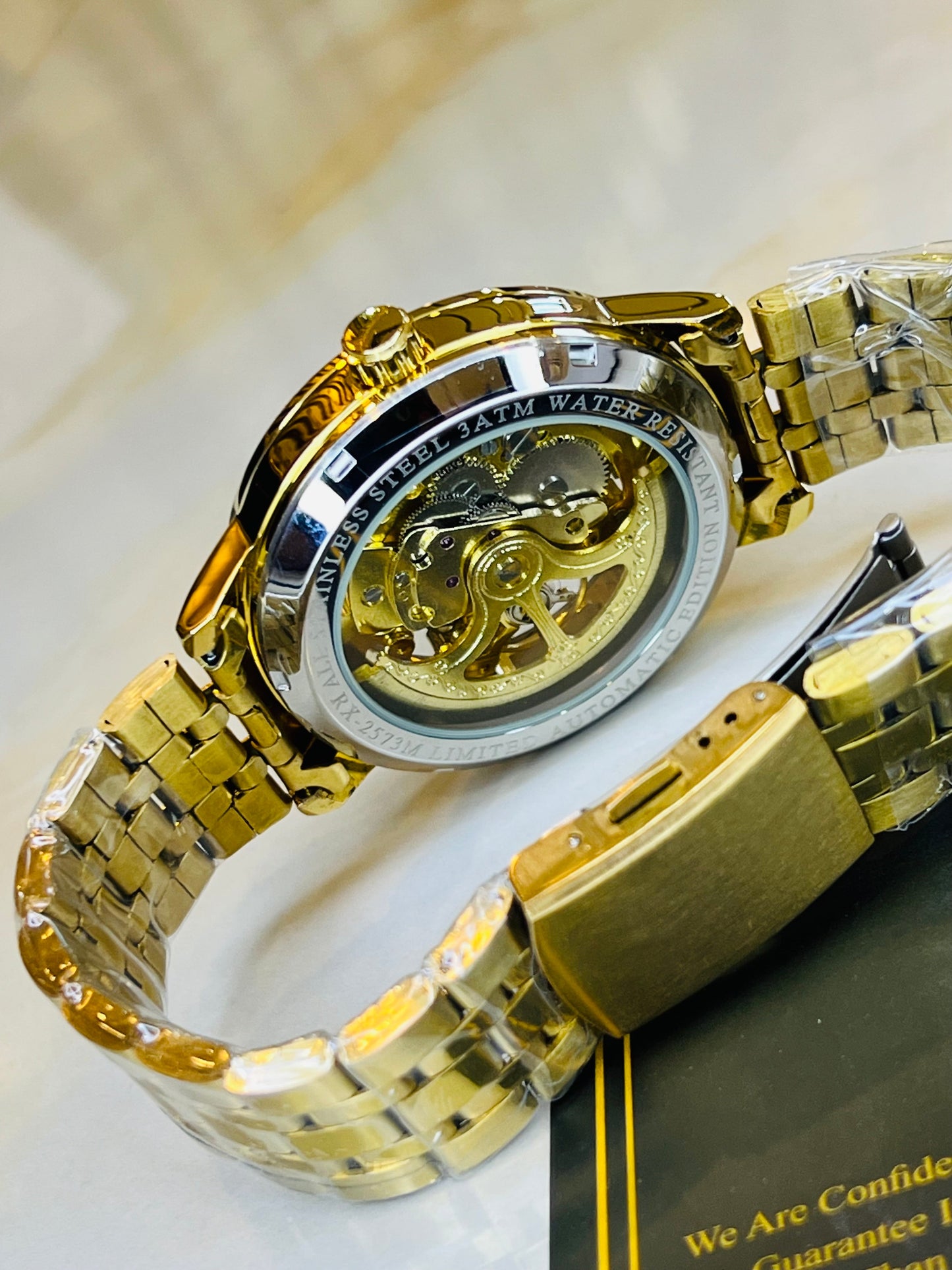 R-1 Gold Black Chain Strap Skeleton Automatic Watch