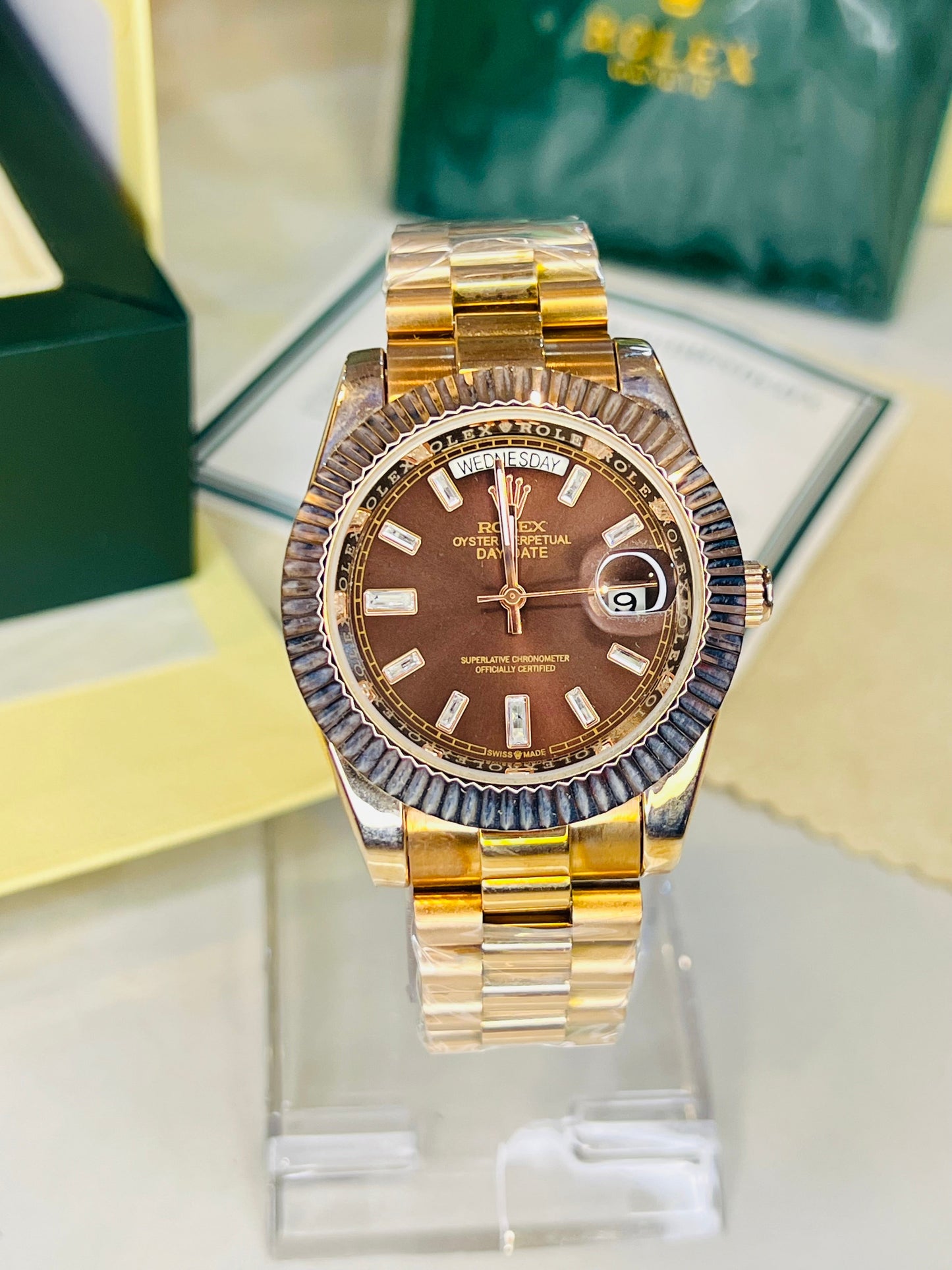 Rose Gold Chocolate Gems Automatic Day Date Super Clone Watch