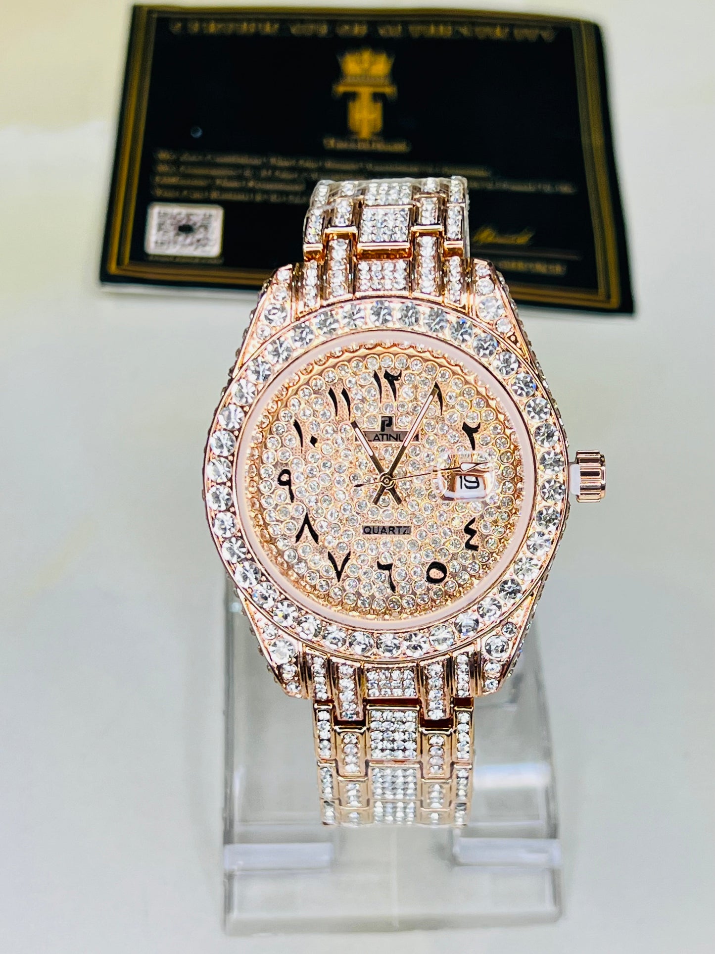 Rose Gold Iced Out Arabic Numeral Date-just Watch