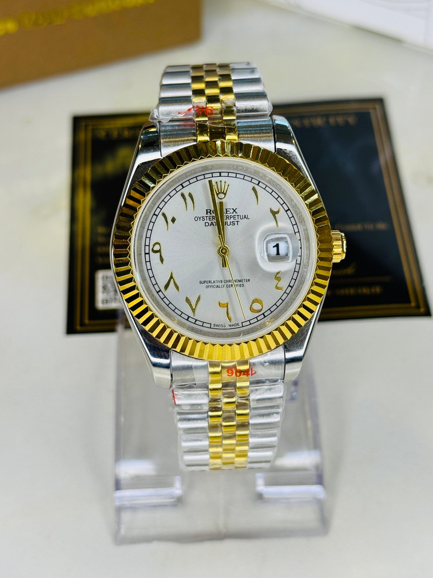 Jubilee Date Just Two Tone Arabic Fluted Grey Dial Quartz Watch