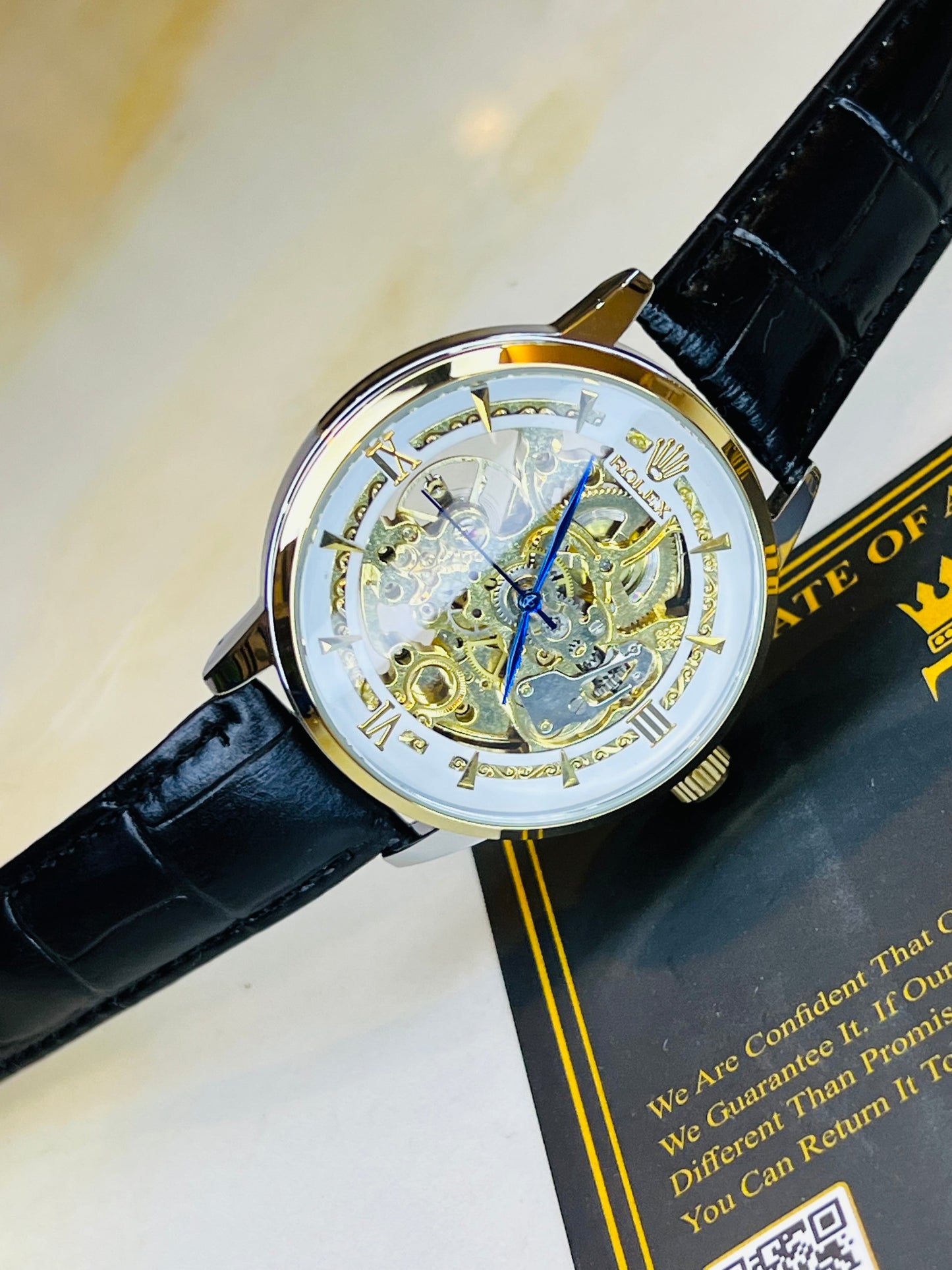 Leather Rol*x Black White Automatic Skeleton Watch