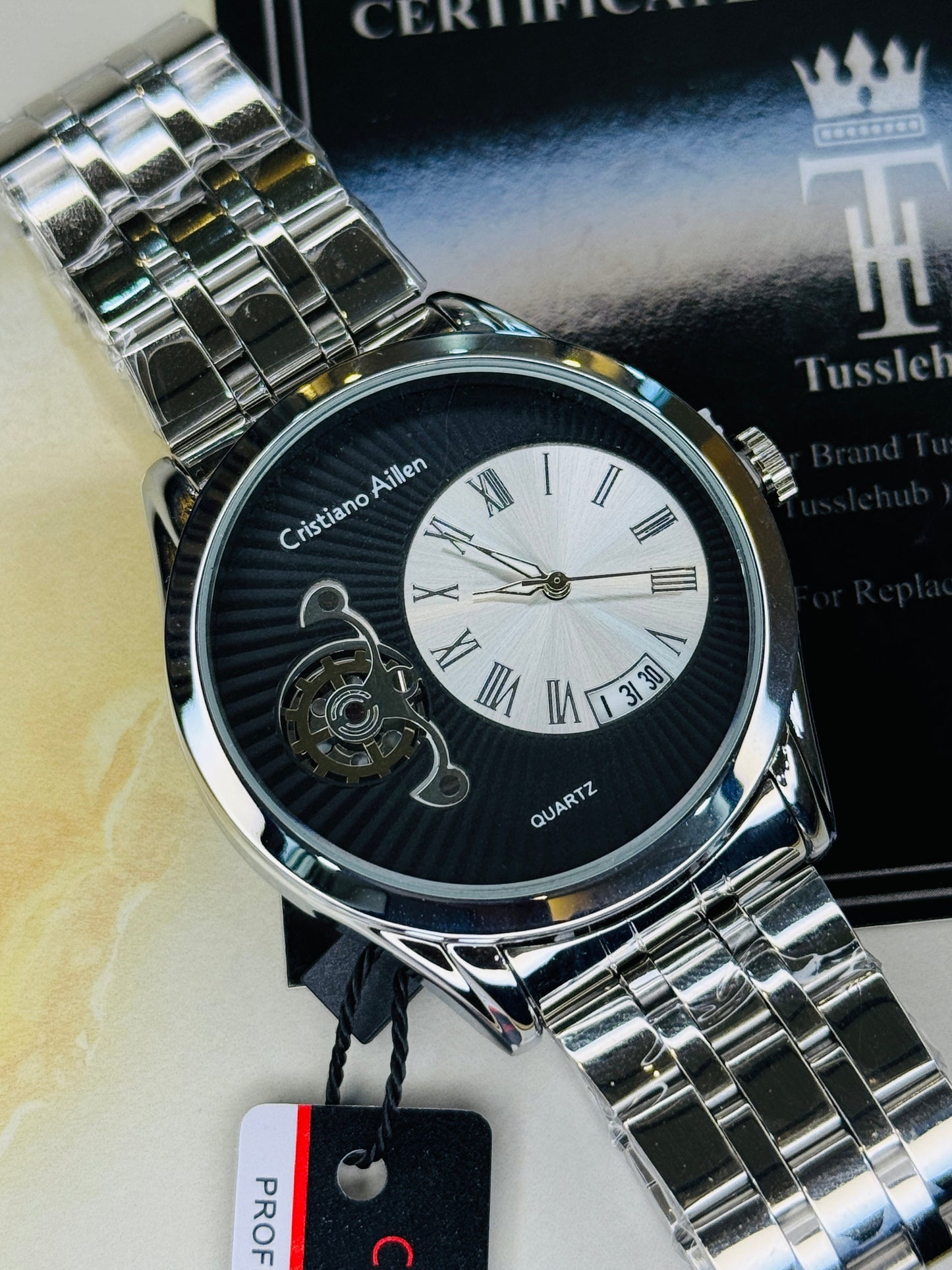 Silver Cristiano Aillen Black Spiral Gear Dial Watch