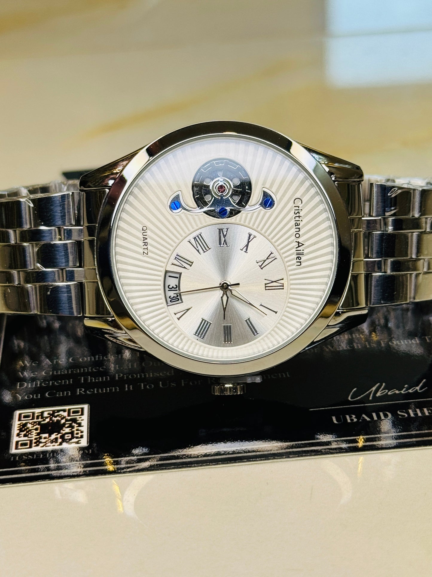 Silver Cristiano Aillen White Spiral Gear Dial Watch